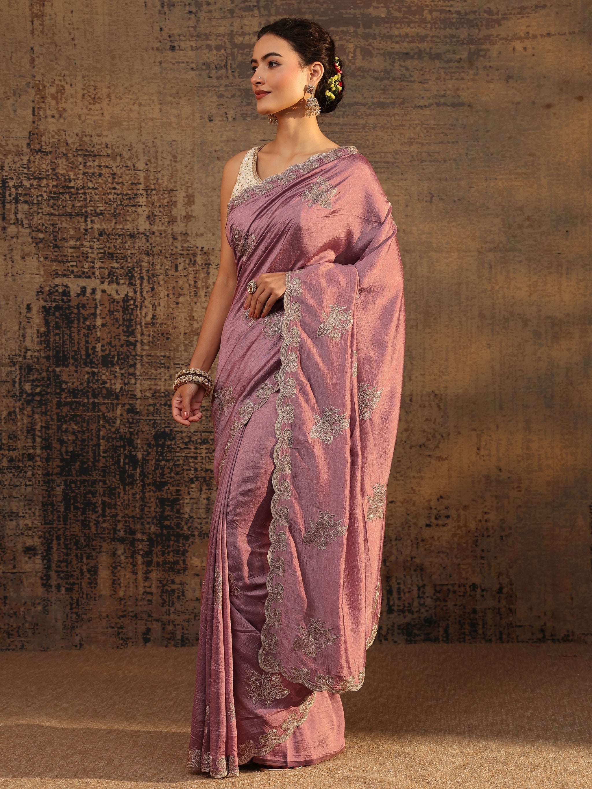 Libas Mauve Floral Embroidered Silk Blend Saree With Unstitched Blouse Piece