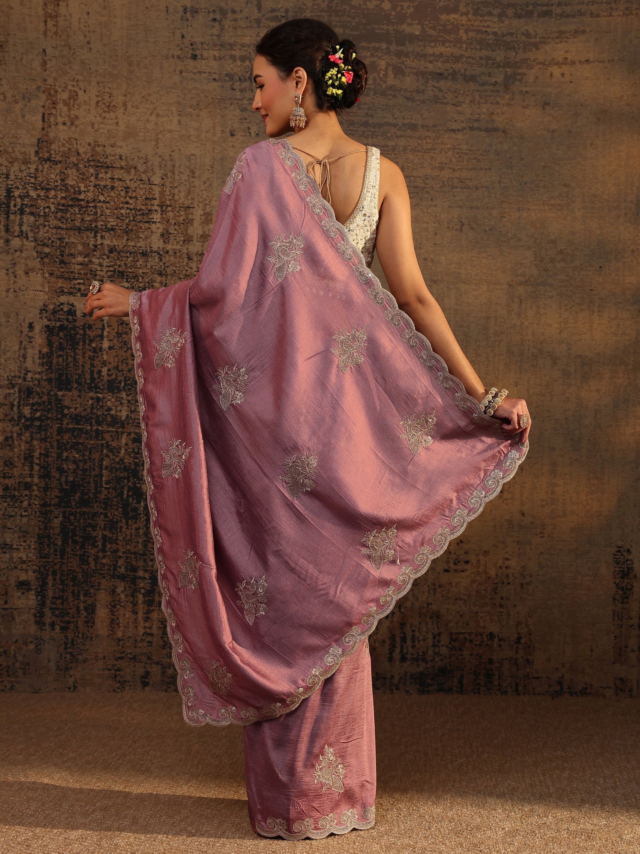 Libas Mauve Floral Embroidered Silk Blend Saree With Unstitched Blouse Piece