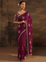 Libas Maroon Floral Embroidered Silk Blend Saree With Unstitched Blouse Piece