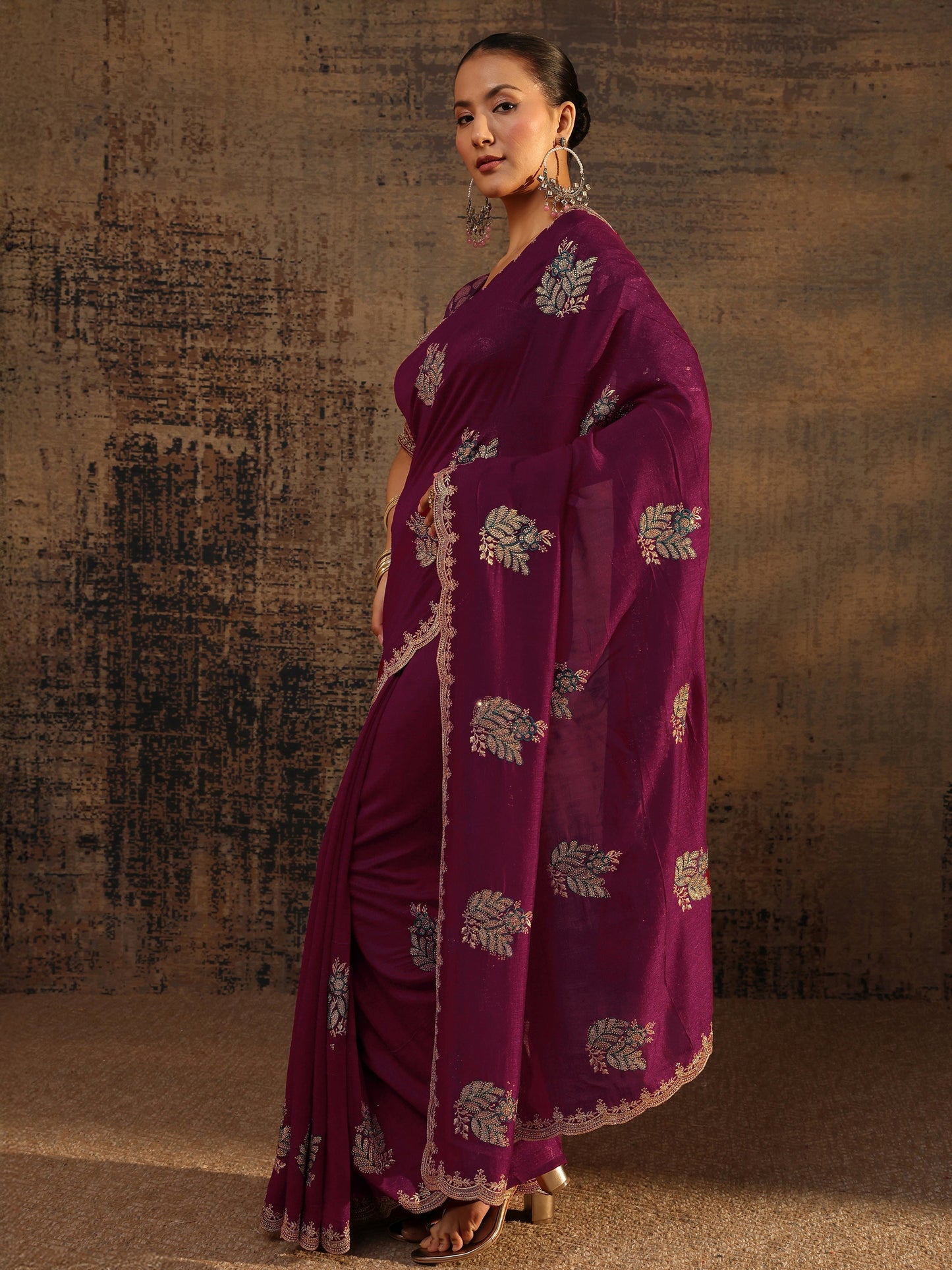 Libas Maroon Floral Embroidered Silk Blend Saree With Unstitched Blouse Piece