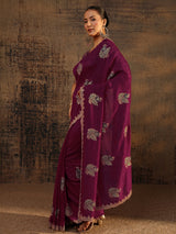 Libas Maroon Floral Embroidered Silk Blend Saree With Unstitched Blouse Piece