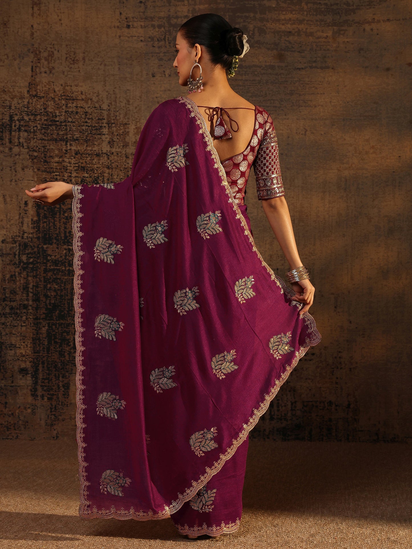 Libas Maroon Floral Embroidered Silk Blend Saree With Unstitched Blouse Piece