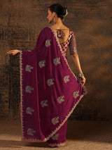 Libas Maroon Floral Embroidered Silk Blend Saree With Unstitched Blouse Piece