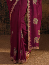 Libas Maroon Floral Embroidered Silk Blend Saree With Unstitched Blouse Piece