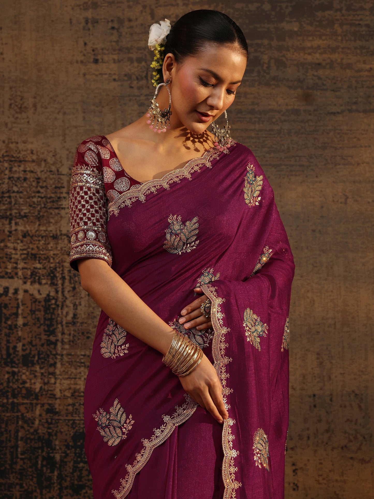 Libas Maroon Floral Embroidered Silk Blend Saree With Unstitched Blouse Piece