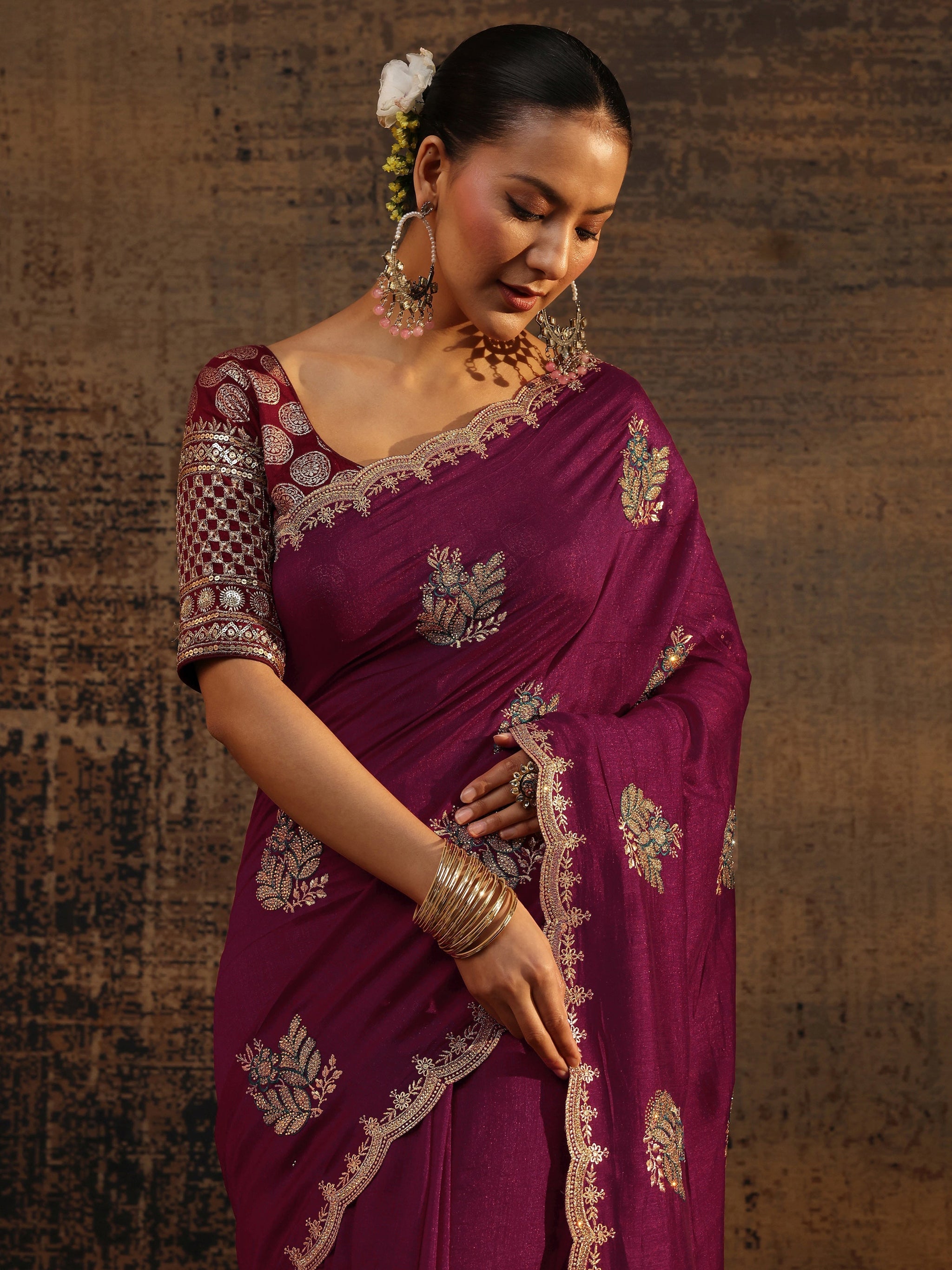 Libas Maroon Floral Embroidered Silk Blend Saree With Unstitched Blouse Piece