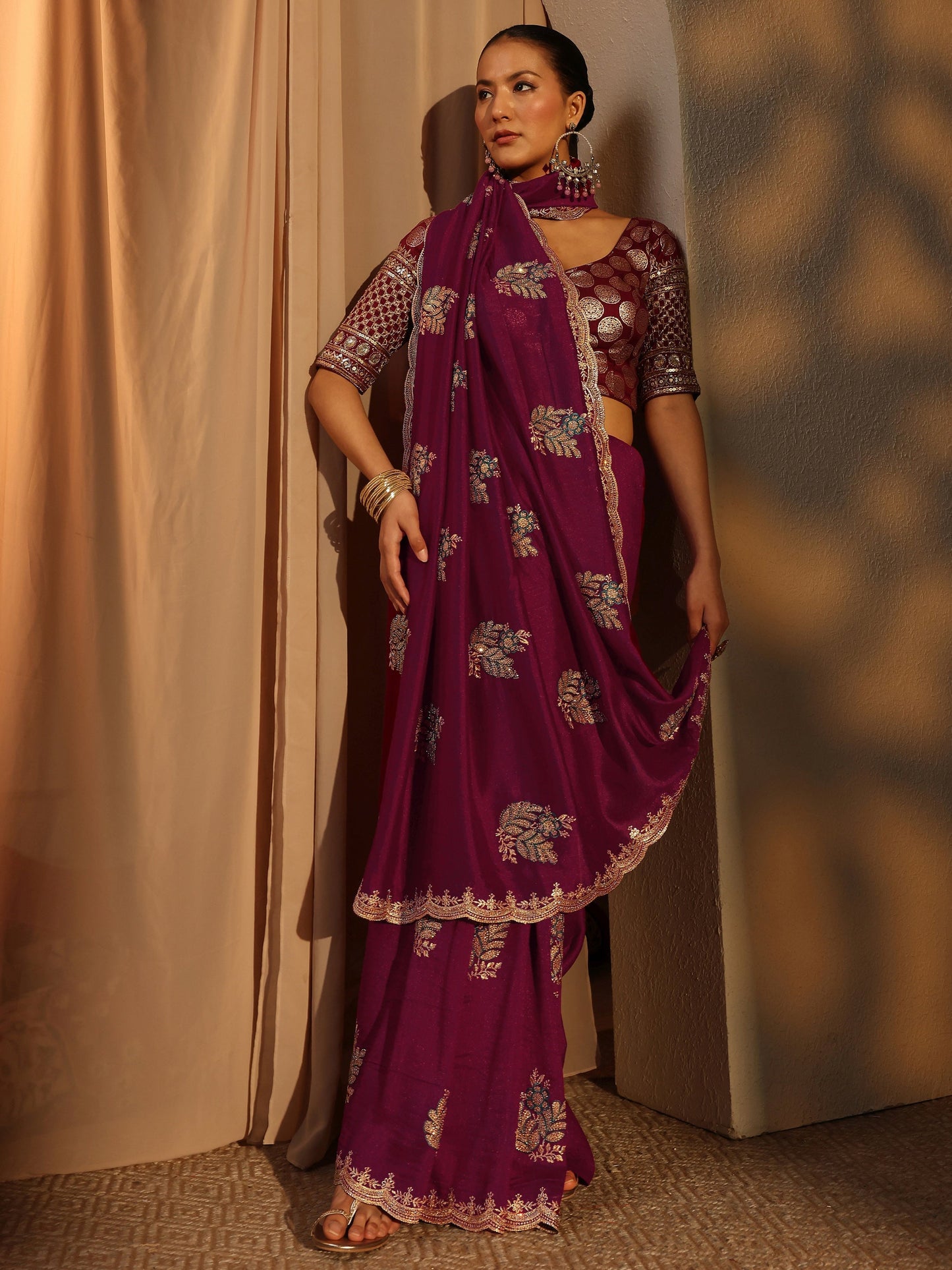 Libas Maroon Floral Embroidered Silk Blend Saree With Unstitched Blouse Piece