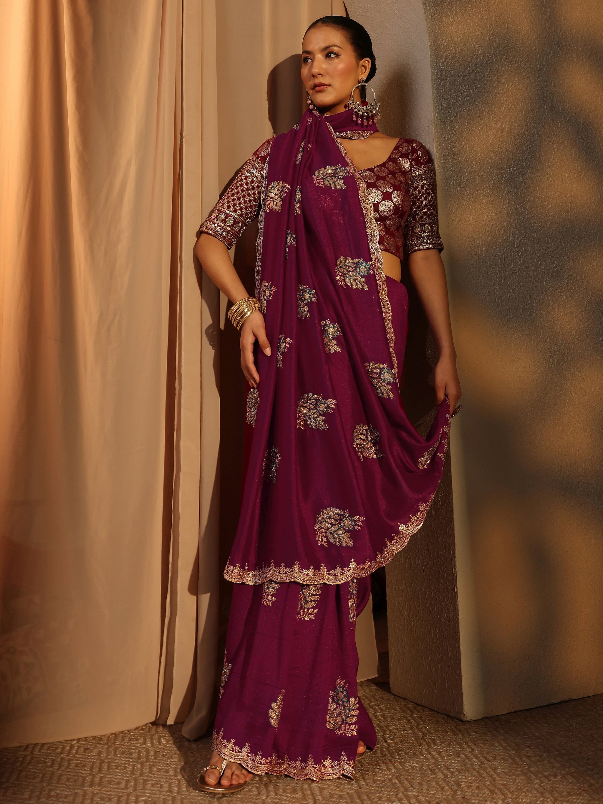 Libas Maroon Floral Embroidered Silk Blend Saree With Unstitched Blouse Piece