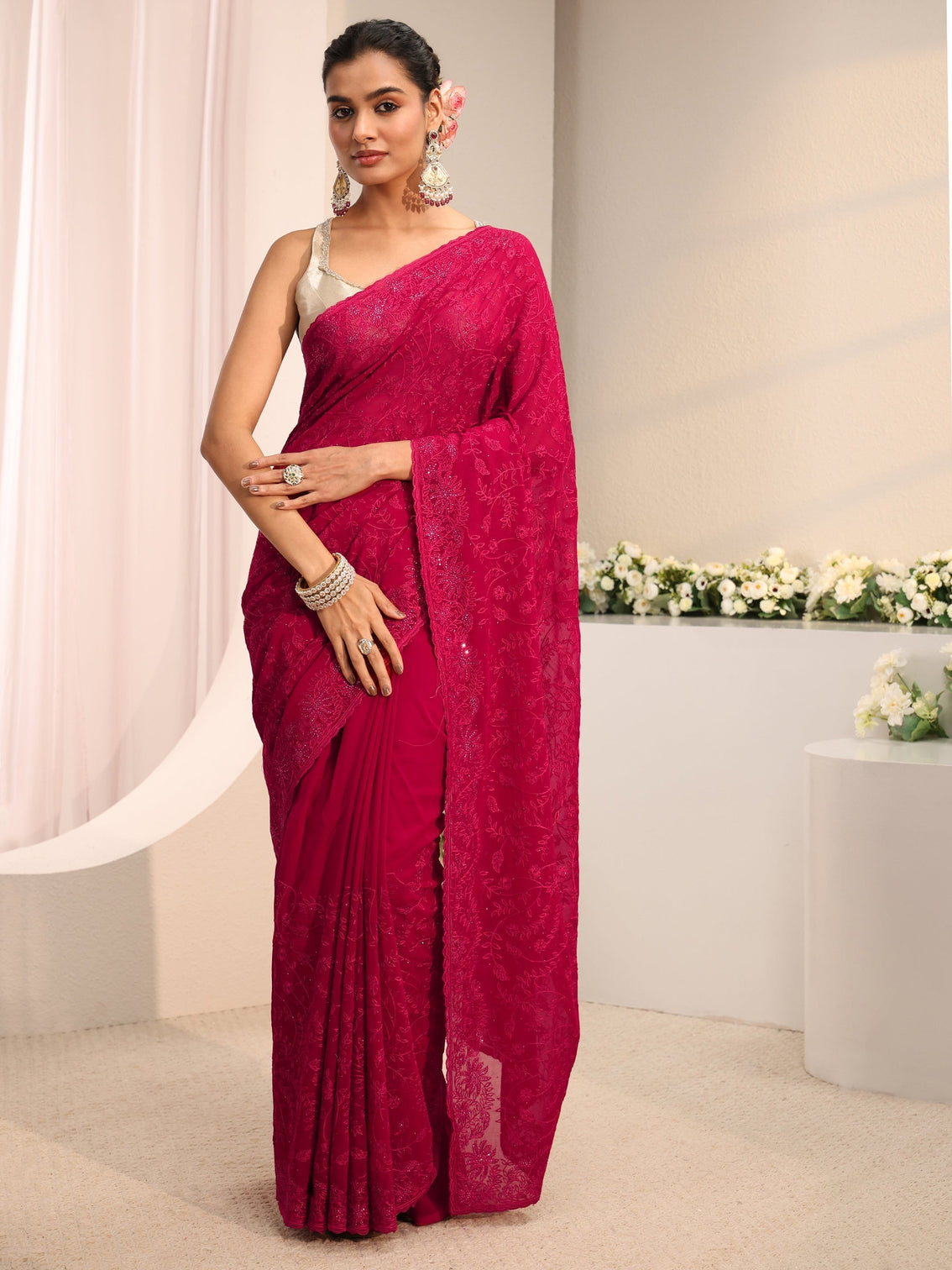 Mameraa Pink Floral Embroidered Net Saree