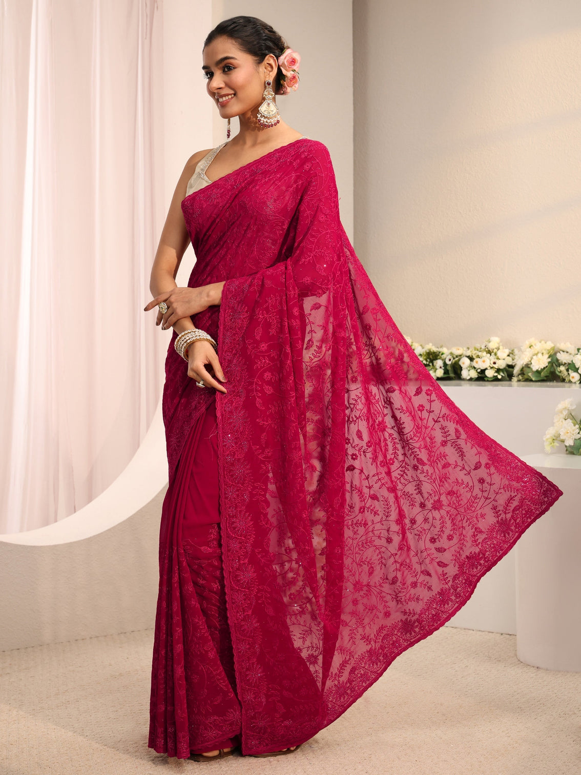 Mameraa Pink Floral Embroidered Net Saree