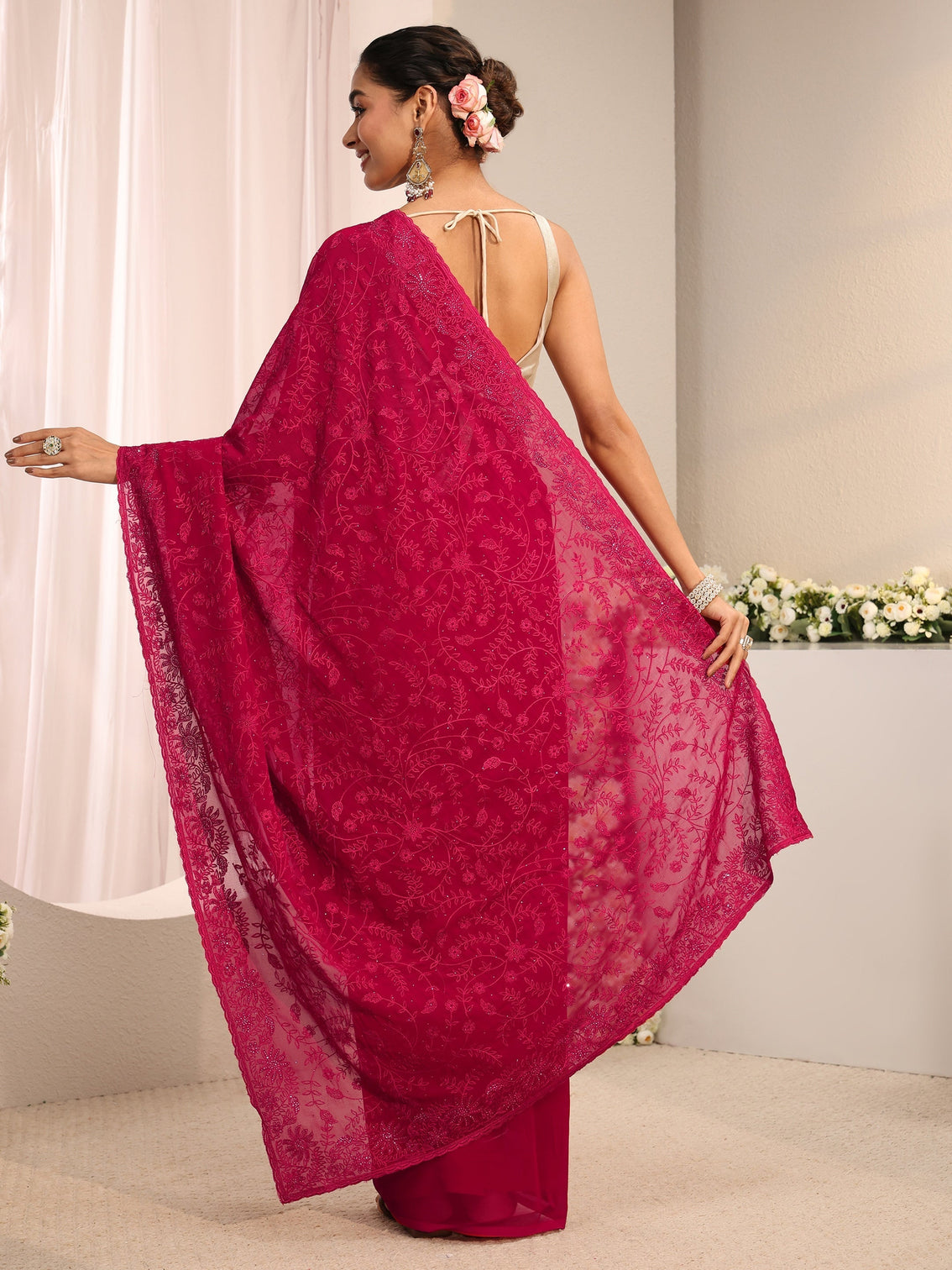 Mameraa Pink Floral Embroidered Net Saree