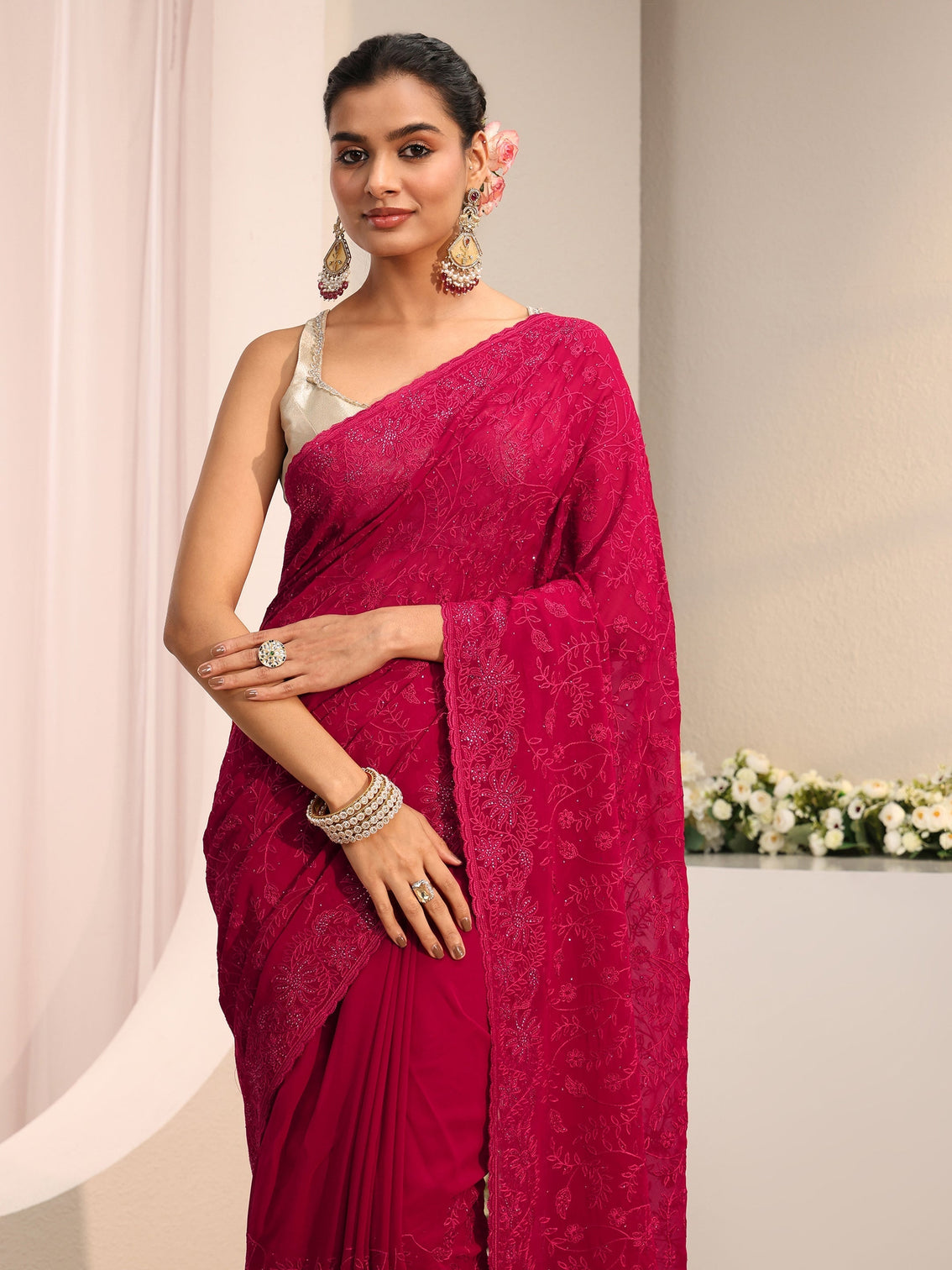 Mameraa Pink Floral Embroidered Net Saree