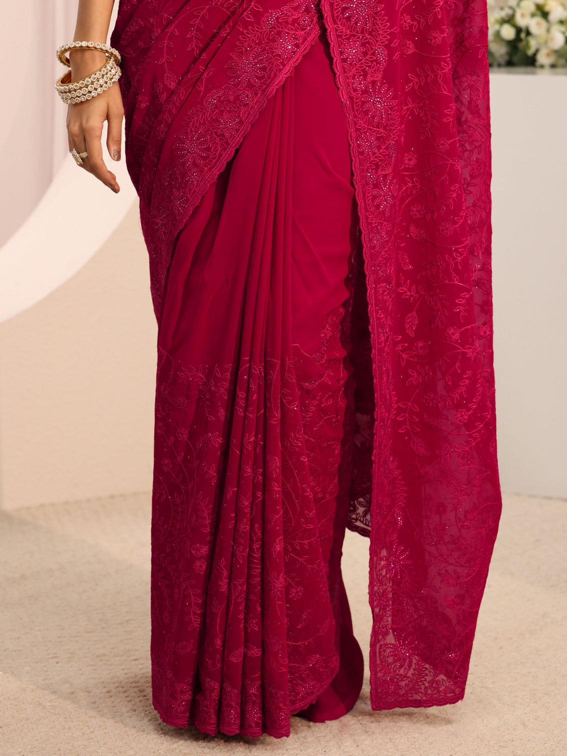 Mameraa Pink Floral Embroidered Net Saree