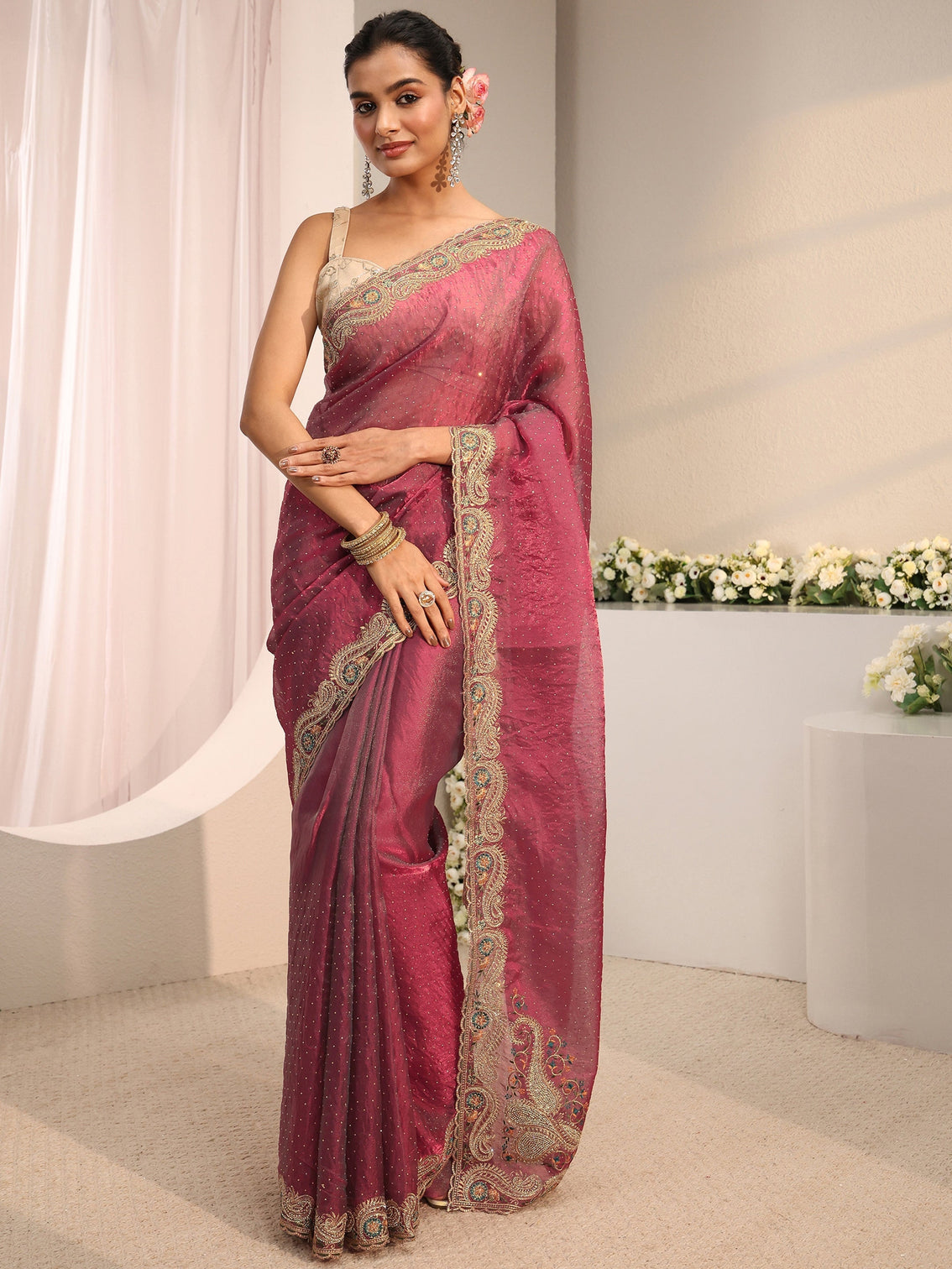Mameraa Maroon Embellished Tissue Saree With Unstitched Blouse Piece