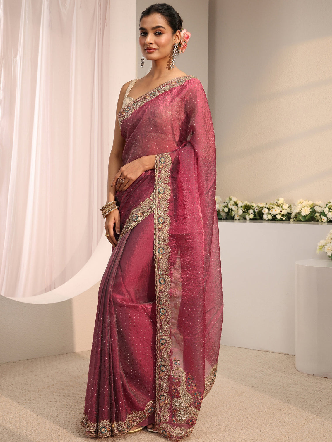 Mameraa Maroon Embellished Tissue Saree With Unstitched Blouse Piece