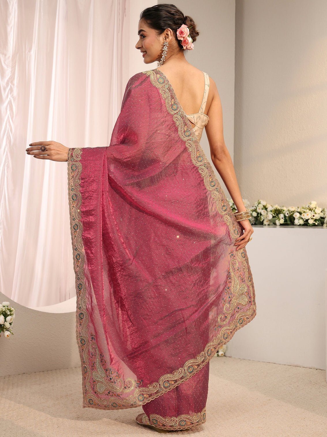 Mameraa Maroon Embellished Tissue Saree With Unstitched Blouse Piece