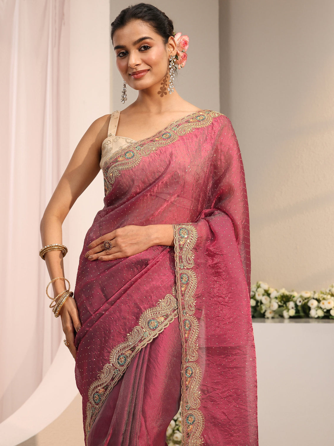 Mameraa Maroon Embellished Tissue Saree With Unstitched Blouse Piece