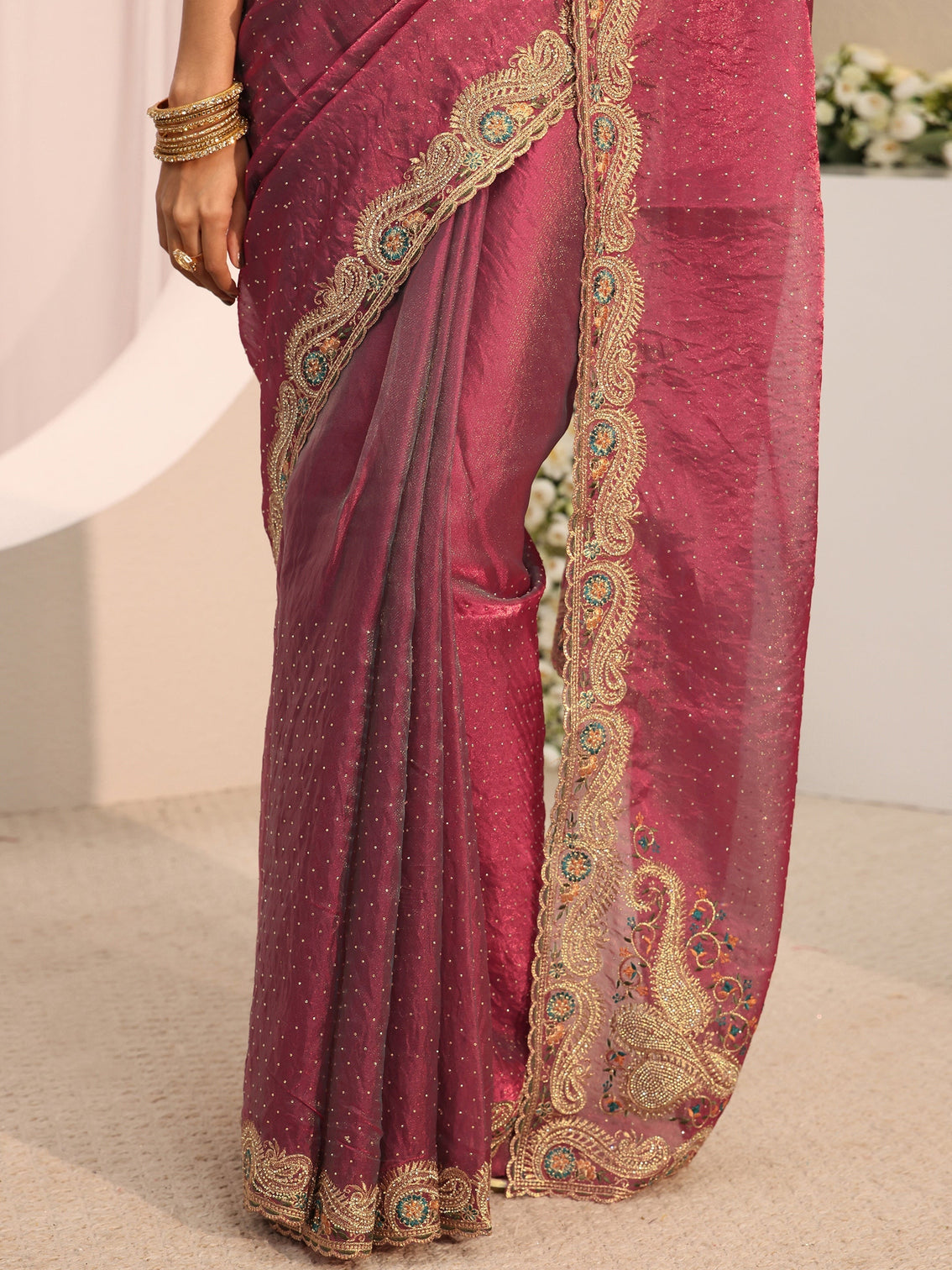 Mameraa Maroon Embellished Tissue Saree With Unstitched Blouse Piece