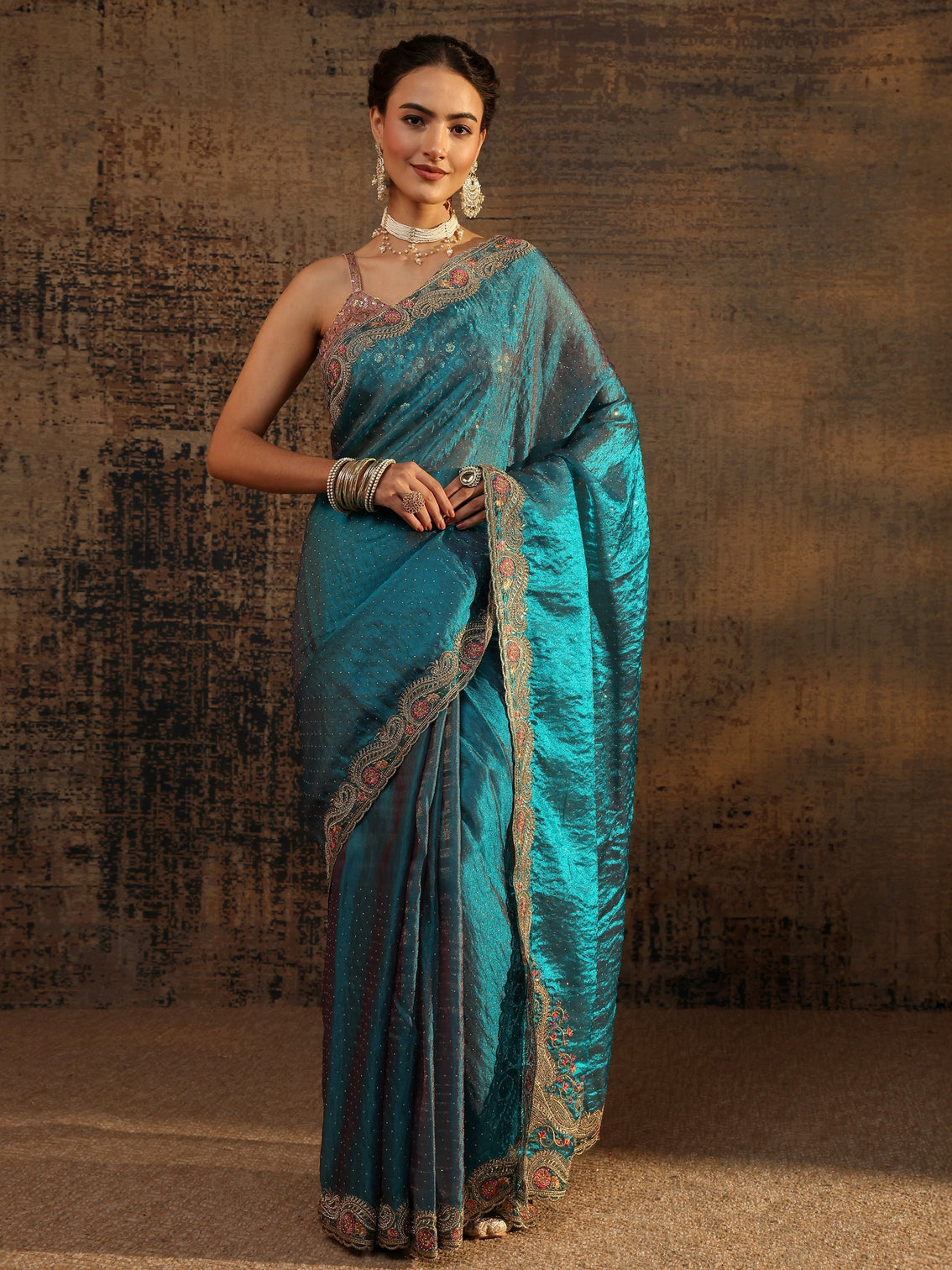 Mameraa Blue Embellished Tissue Saree With Unstitched Blouse Piece