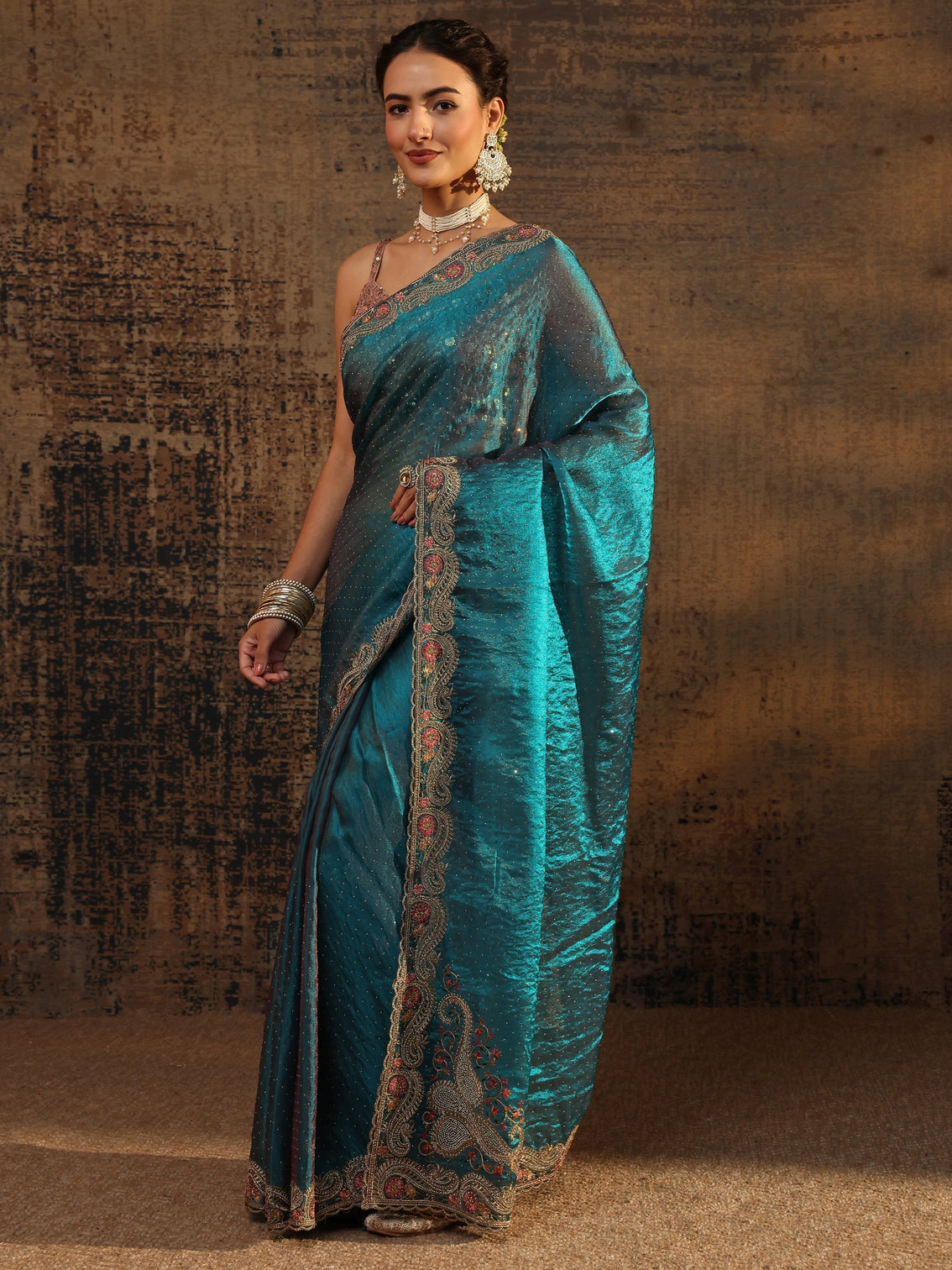 Mameraa Blue Embellished Tissue Saree With Unstitched Blouse Piece