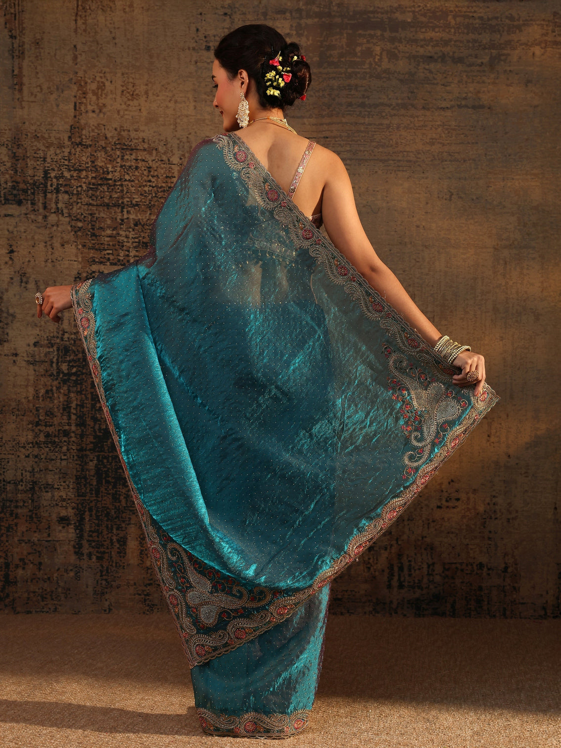 Mameraa Blue Embellished Tissue Saree With Unstitched Blouse Piece