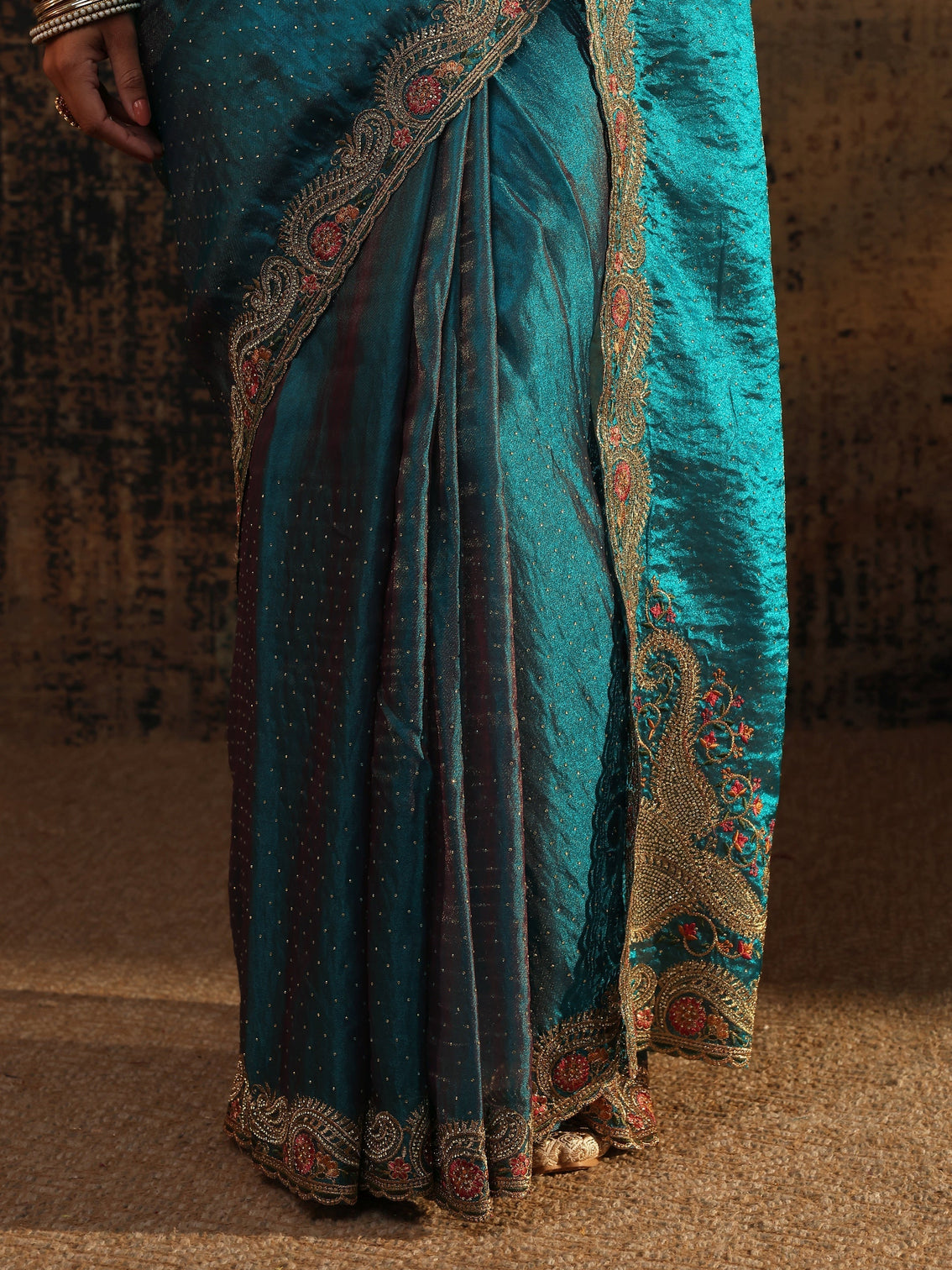 Mameraa Blue Embellished Tissue Saree With Unstitched Blouse Piece