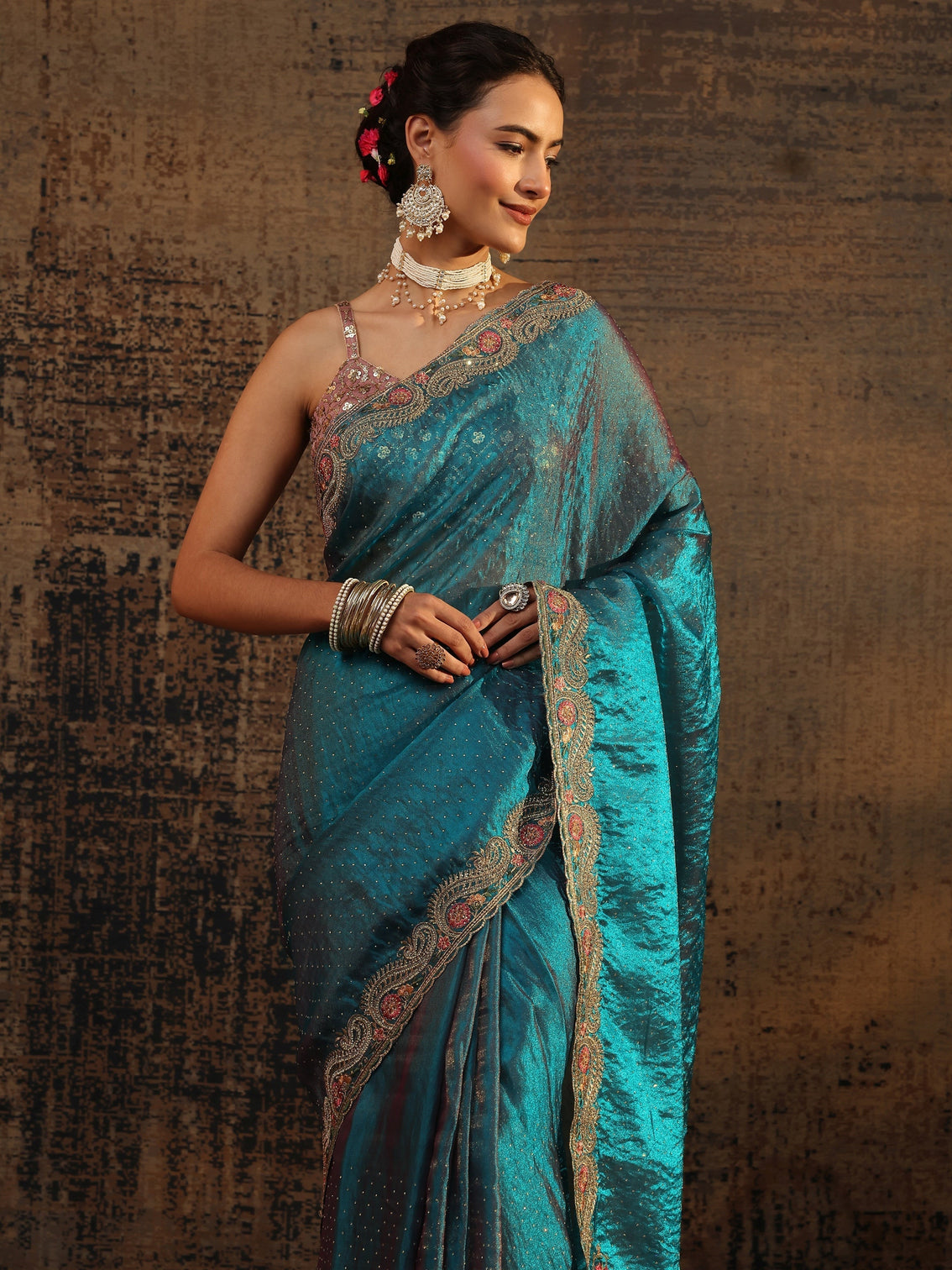 Mameraa Blue Embellished Tissue Saree With Unstitched Blouse Piece