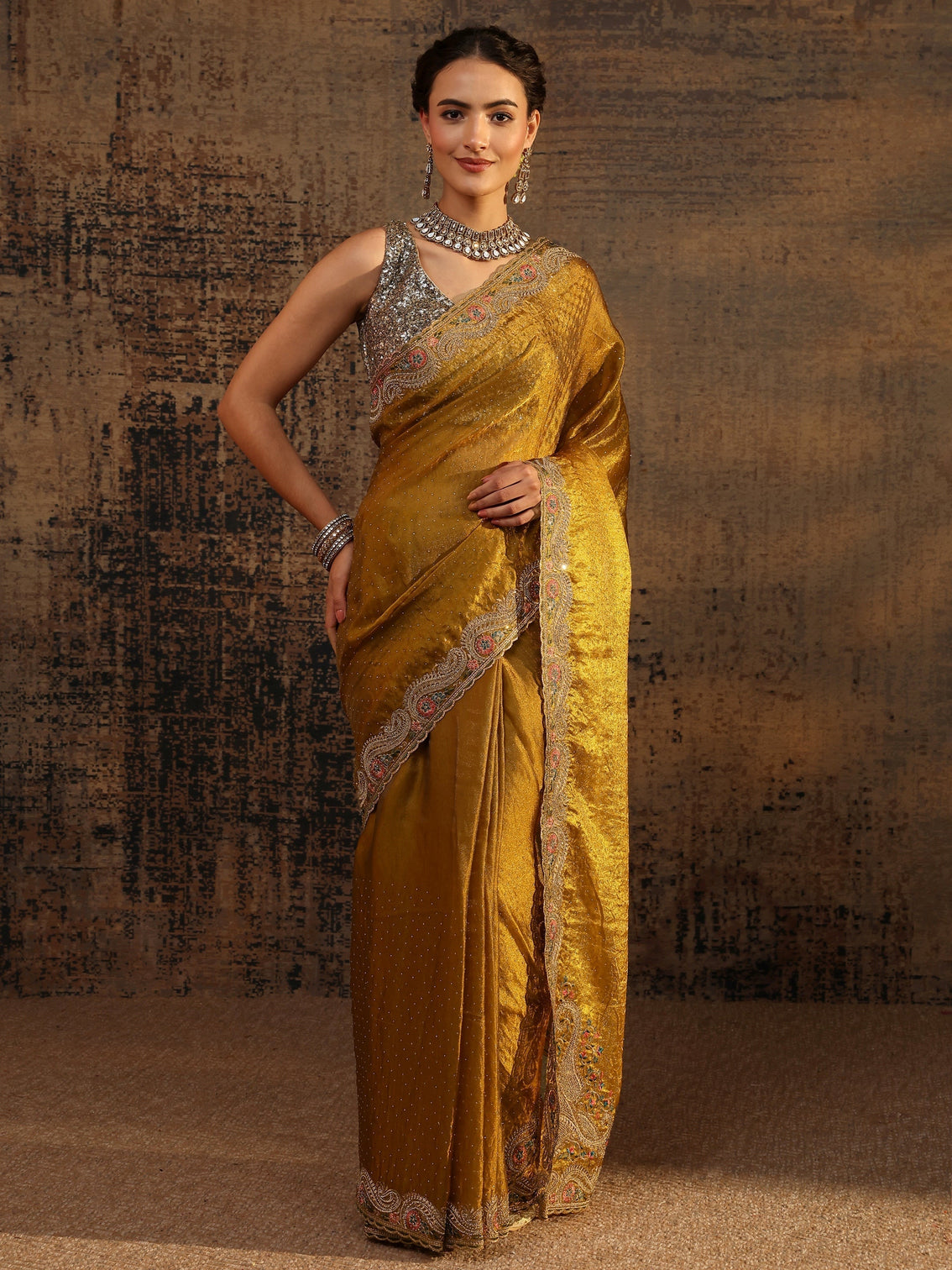 Mameraa Mustard Embellished Tissue Saree With Unstitched Blouse Piece