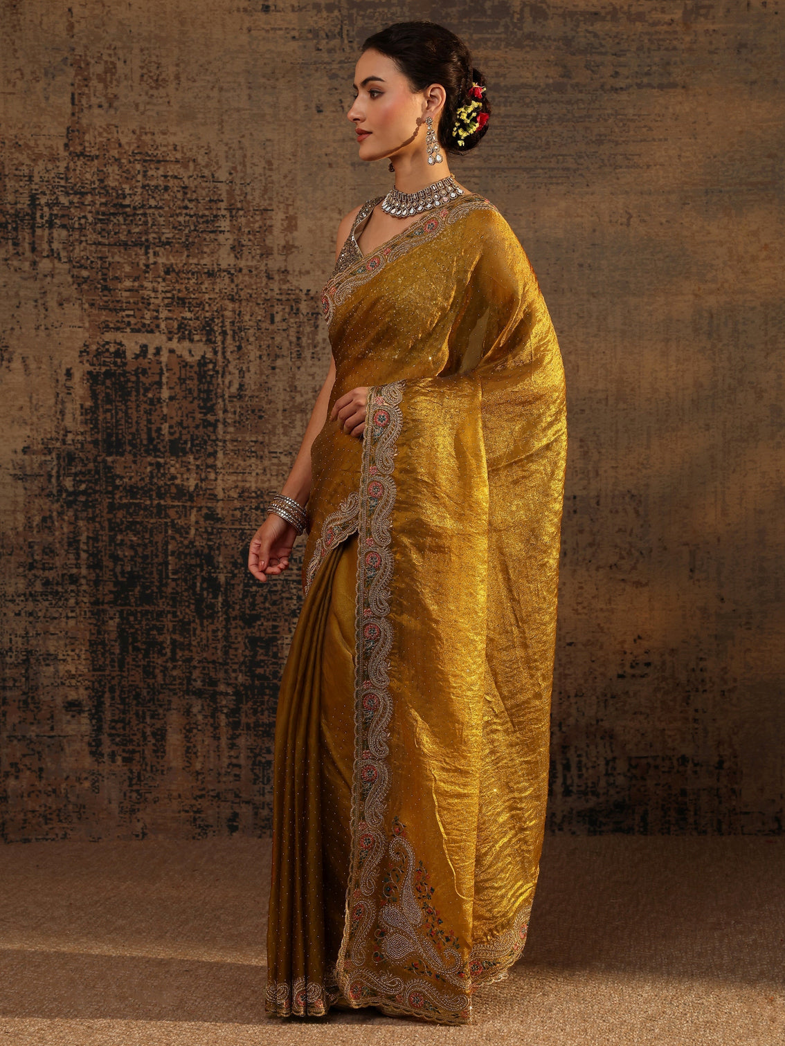 Mameraa Mustard Embellished Tissue Saree With Unstitched Blouse Piece