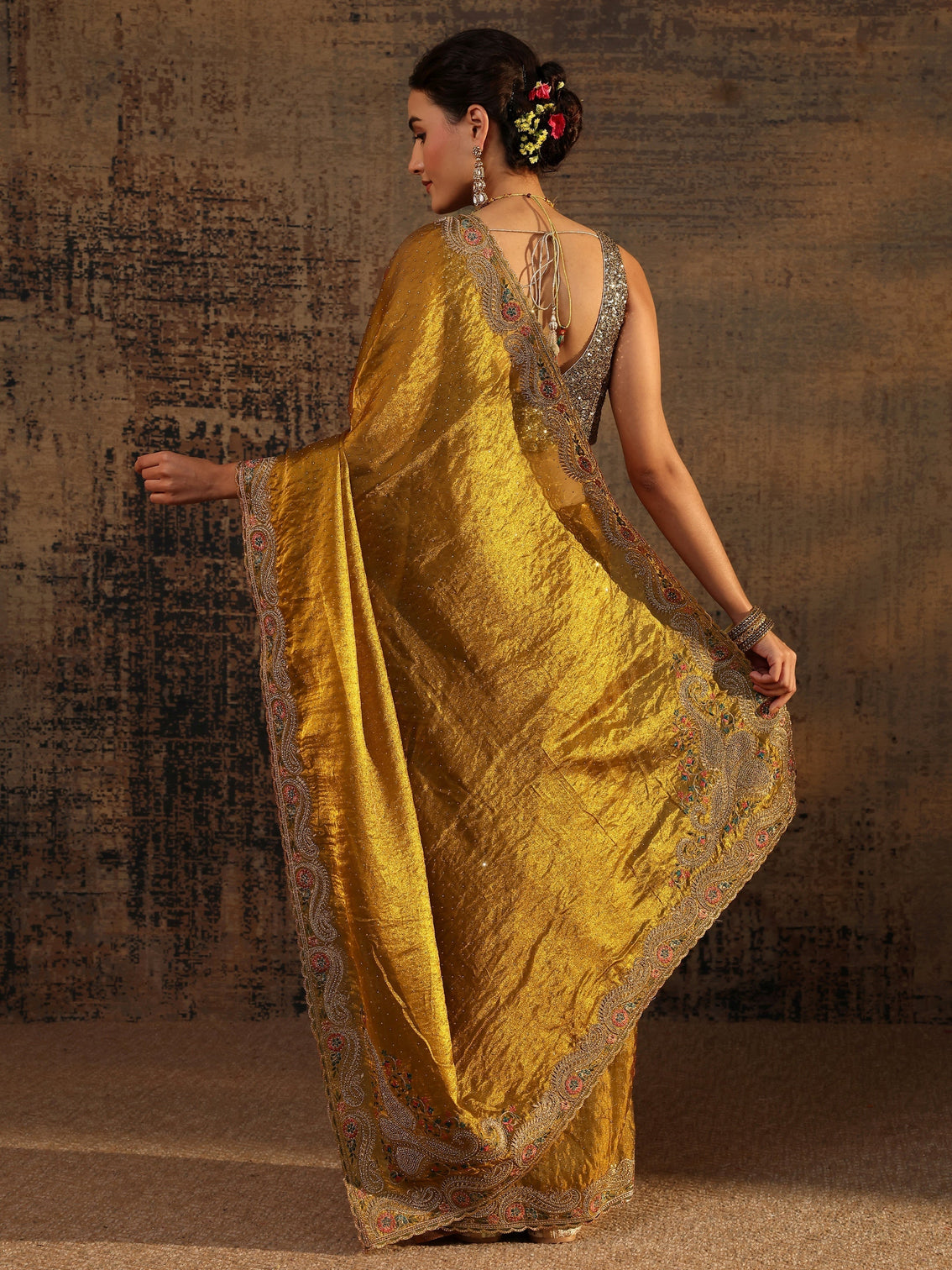 Mameraa Mustard Embellished Tissue Saree With Unstitched Blouse Piece