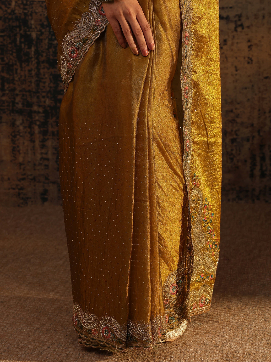 Mameraa Mustard Embellished Tissue Saree With Unstitched Blouse Piece