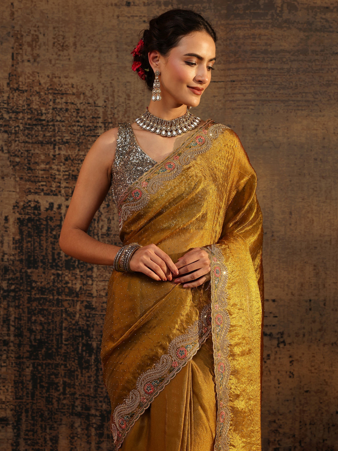 Mameraa Mustard Embellished Tissue Saree With Unstitched Blouse Piece