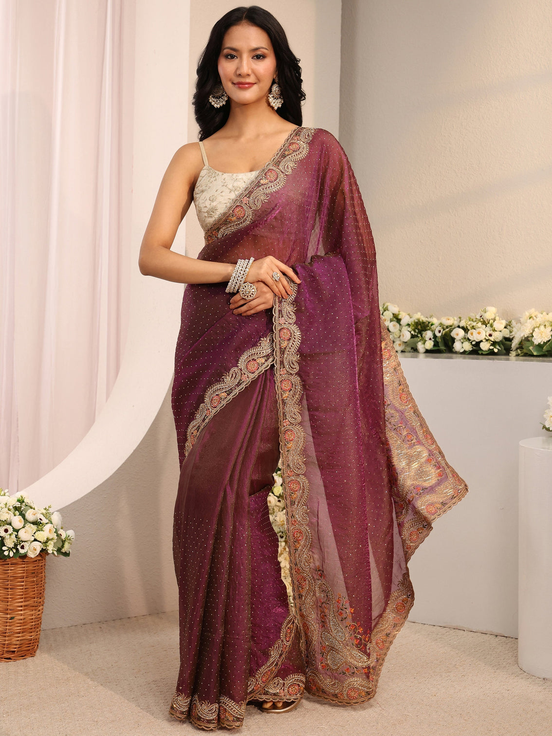 Mameraa Purple Embellished Tissue Saree With Unstitched Blouse Piece