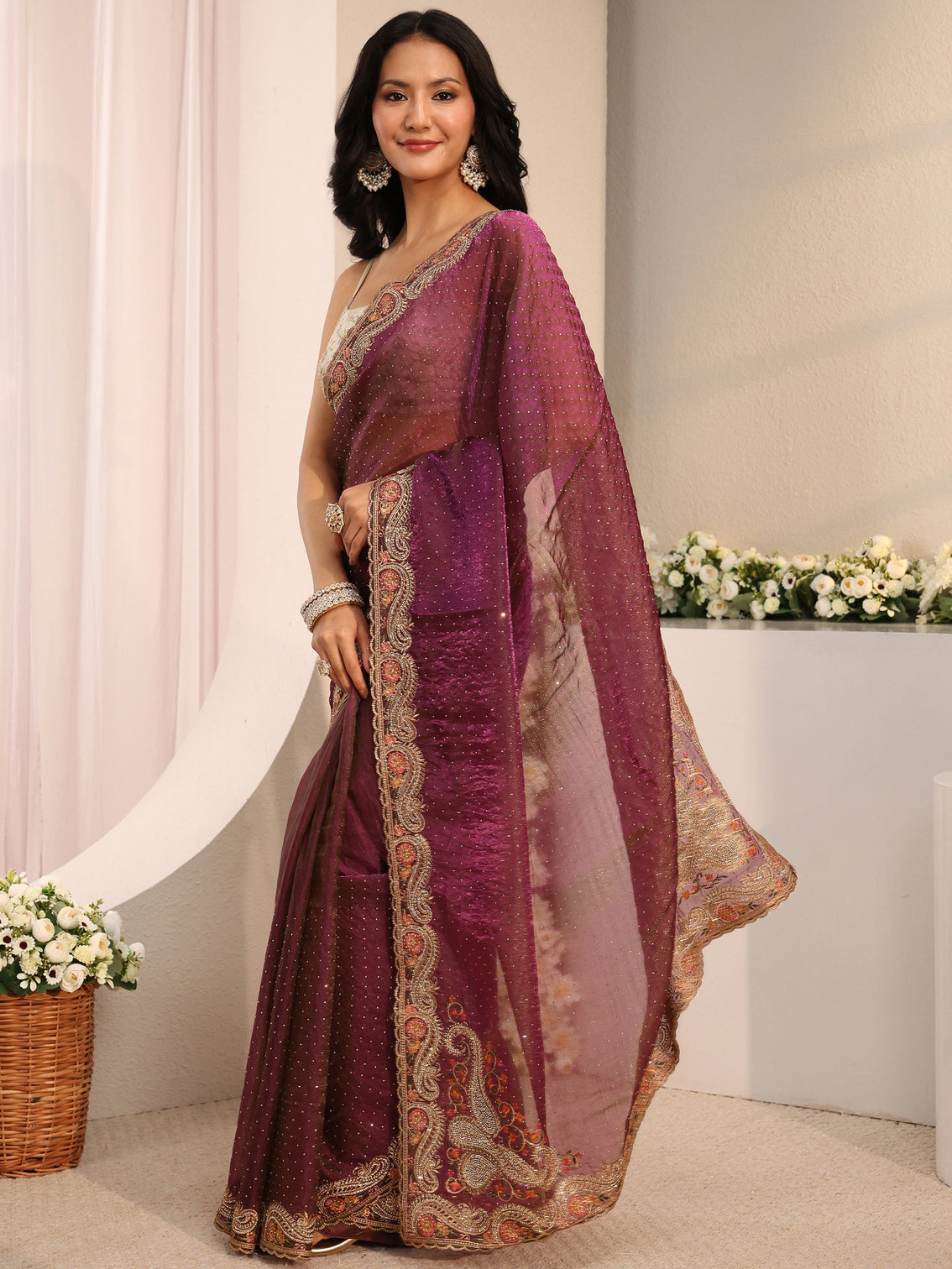 Mameraa Purple Embellished Tissue Saree With Unstitched Blouse Piece