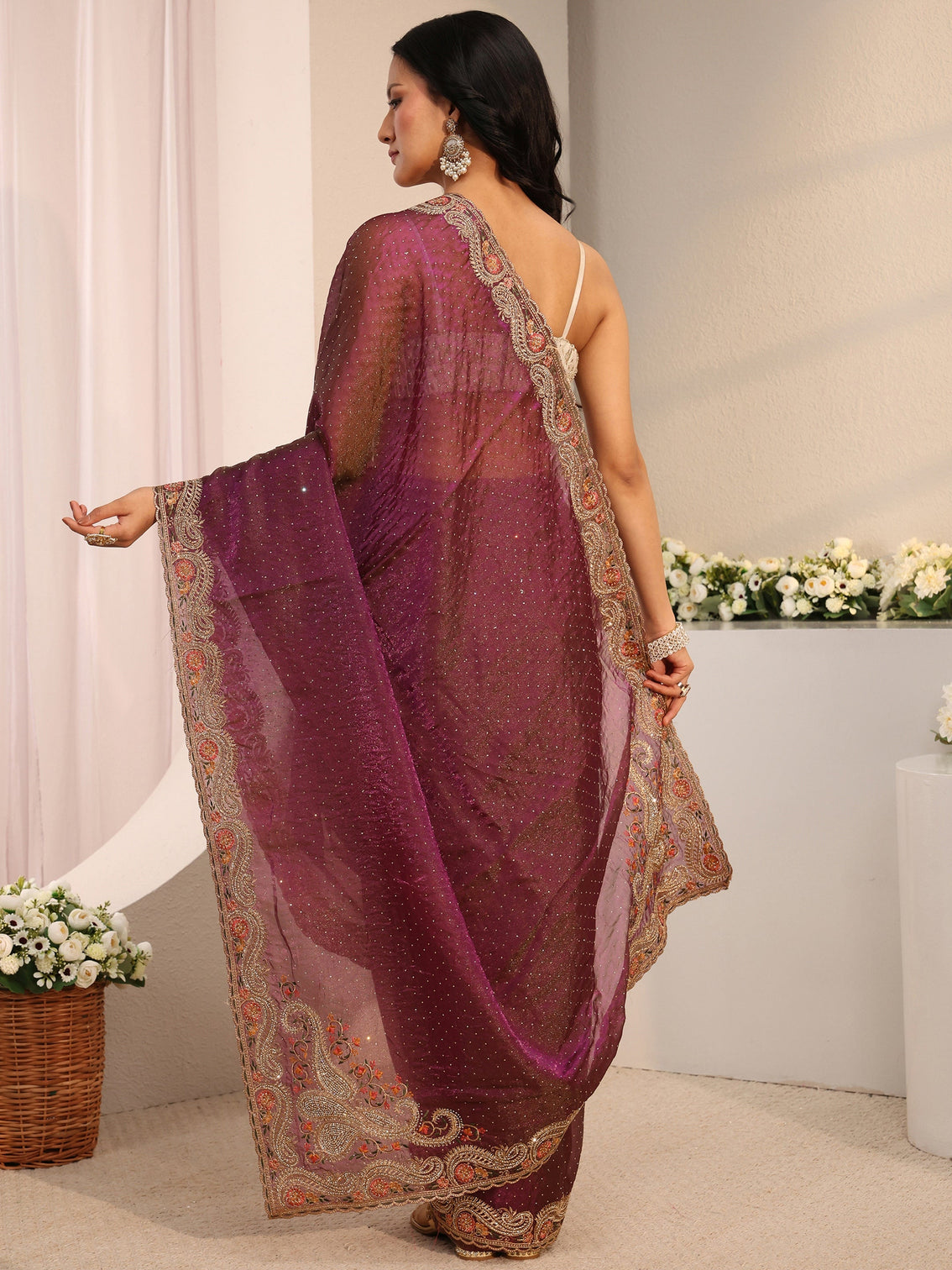 Mameraa Purple Embellished Tissue Saree With Unstitched Blouse Piece