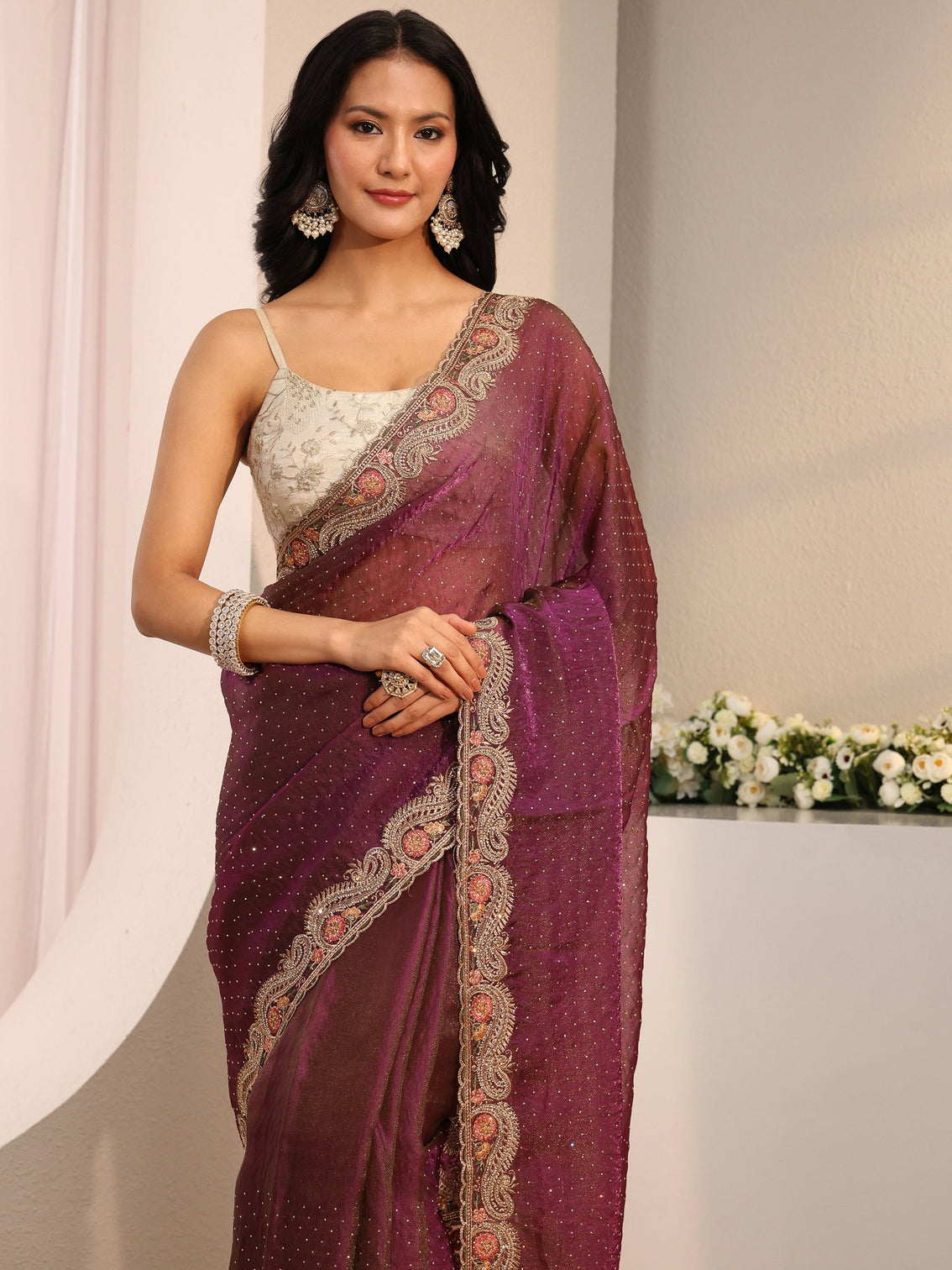 Mameraa Purple Embellished Tissue Saree With Unstitched Blouse Piece
