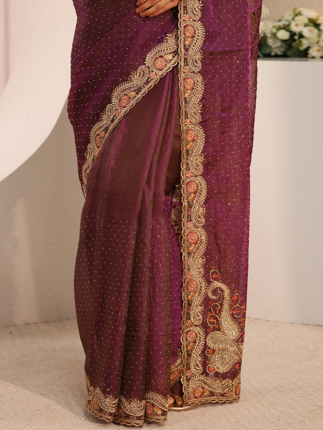 Mameraa Purple Embellished Tissue Saree With Unstitched Blouse Piece