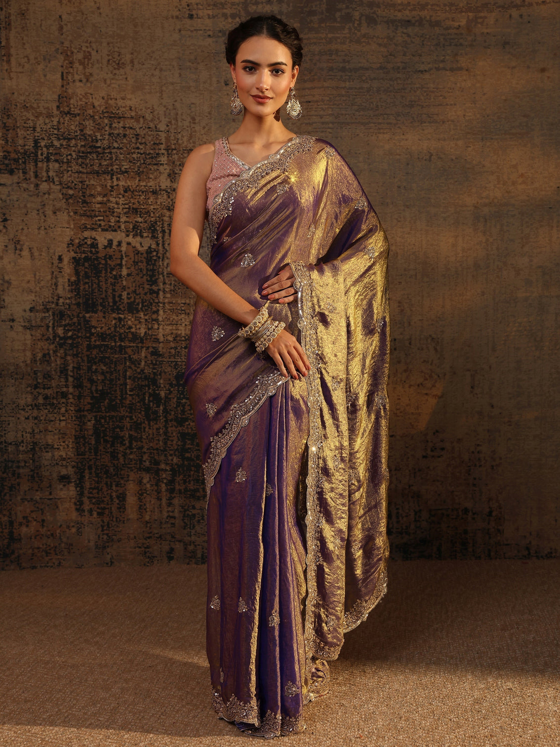 Mameraa Lavender Embellished Tissue Saree With Unstitched Blouse Piece