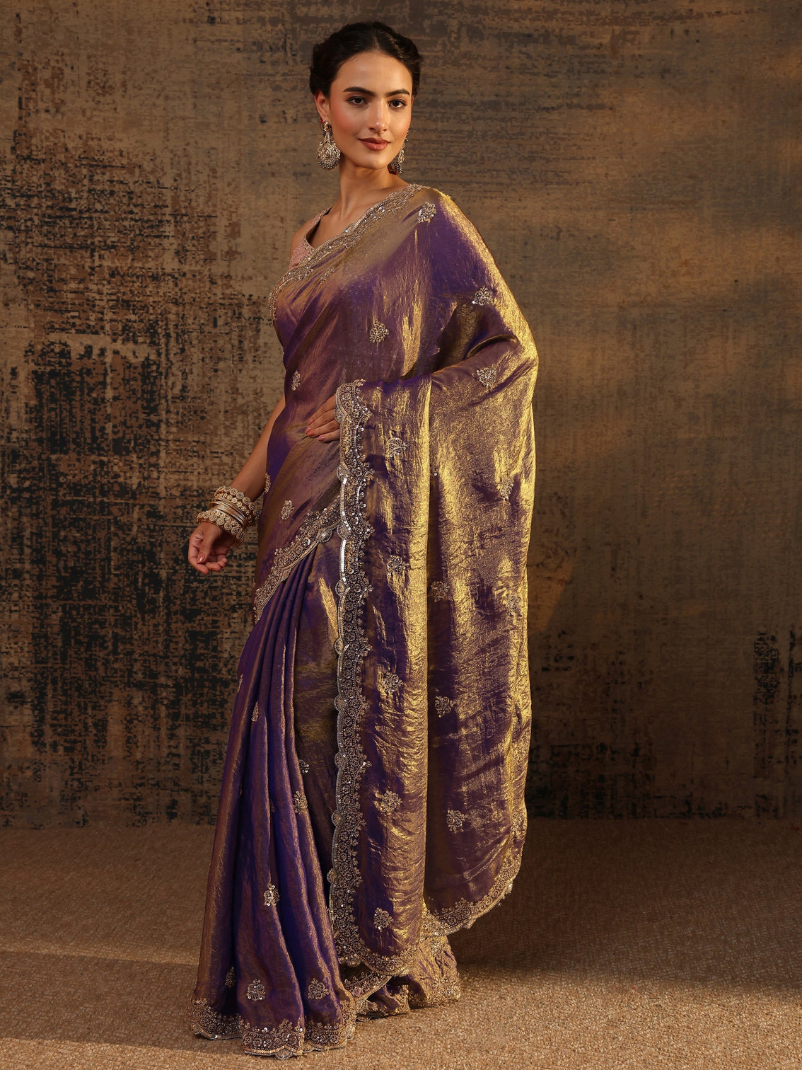 Mameraa Lavender Embellished Tissue Saree With Unstitched Blouse Piece