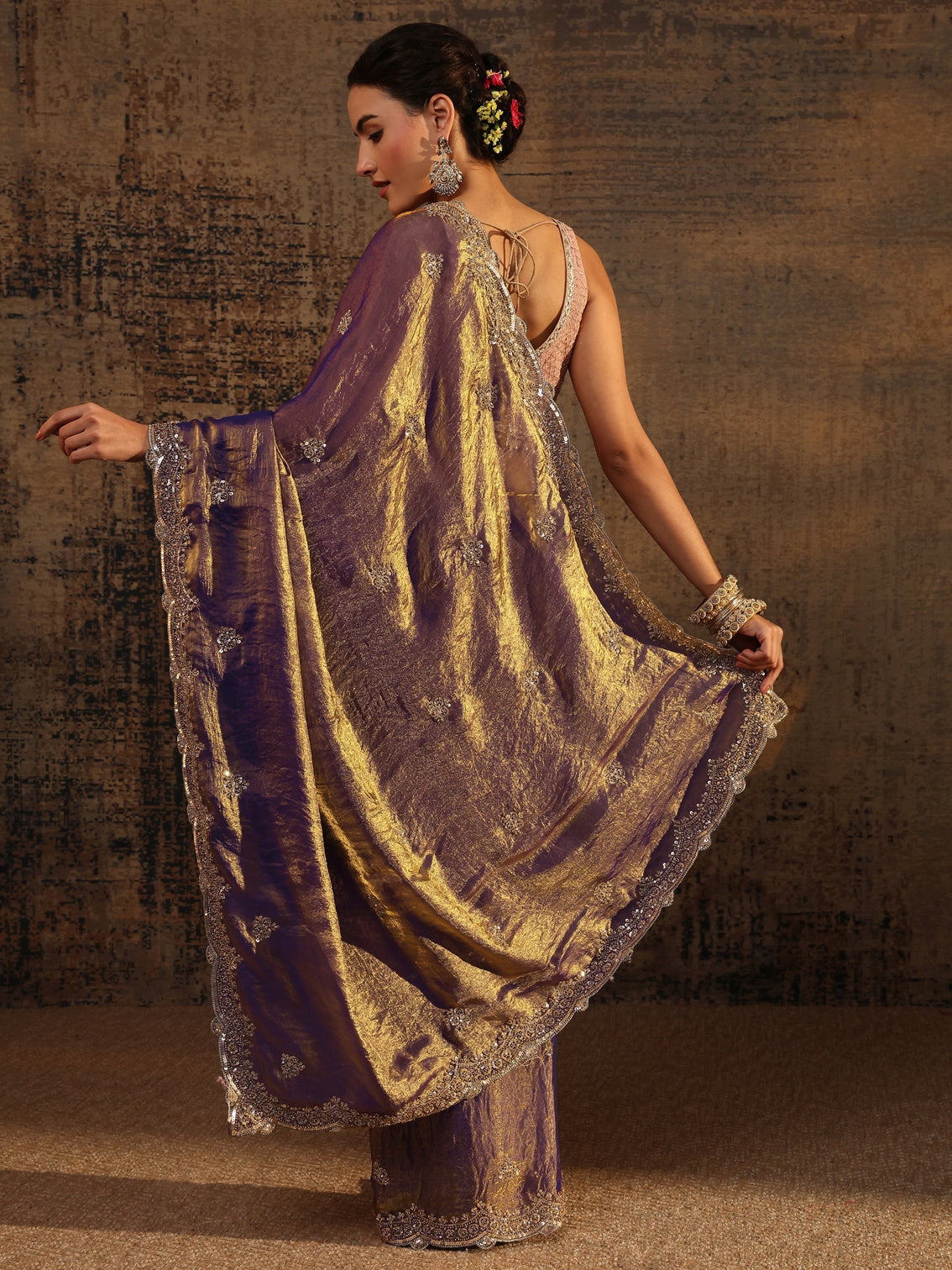 Mameraa Lavender Embellished Tissue Saree With Unstitched Blouse Piece