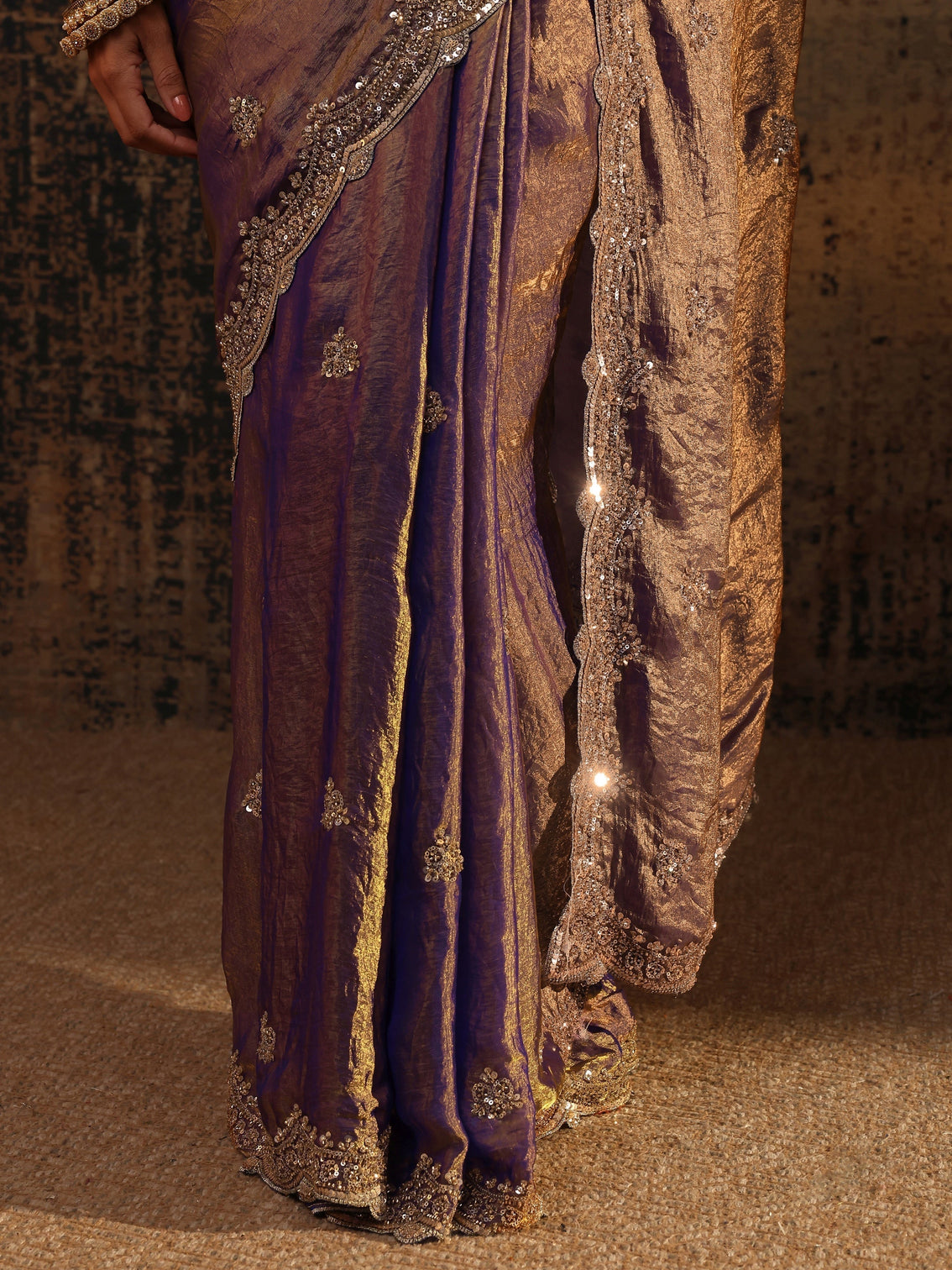 Mameraa Lavender Embellished Tissue Saree With Unstitched Blouse Piece