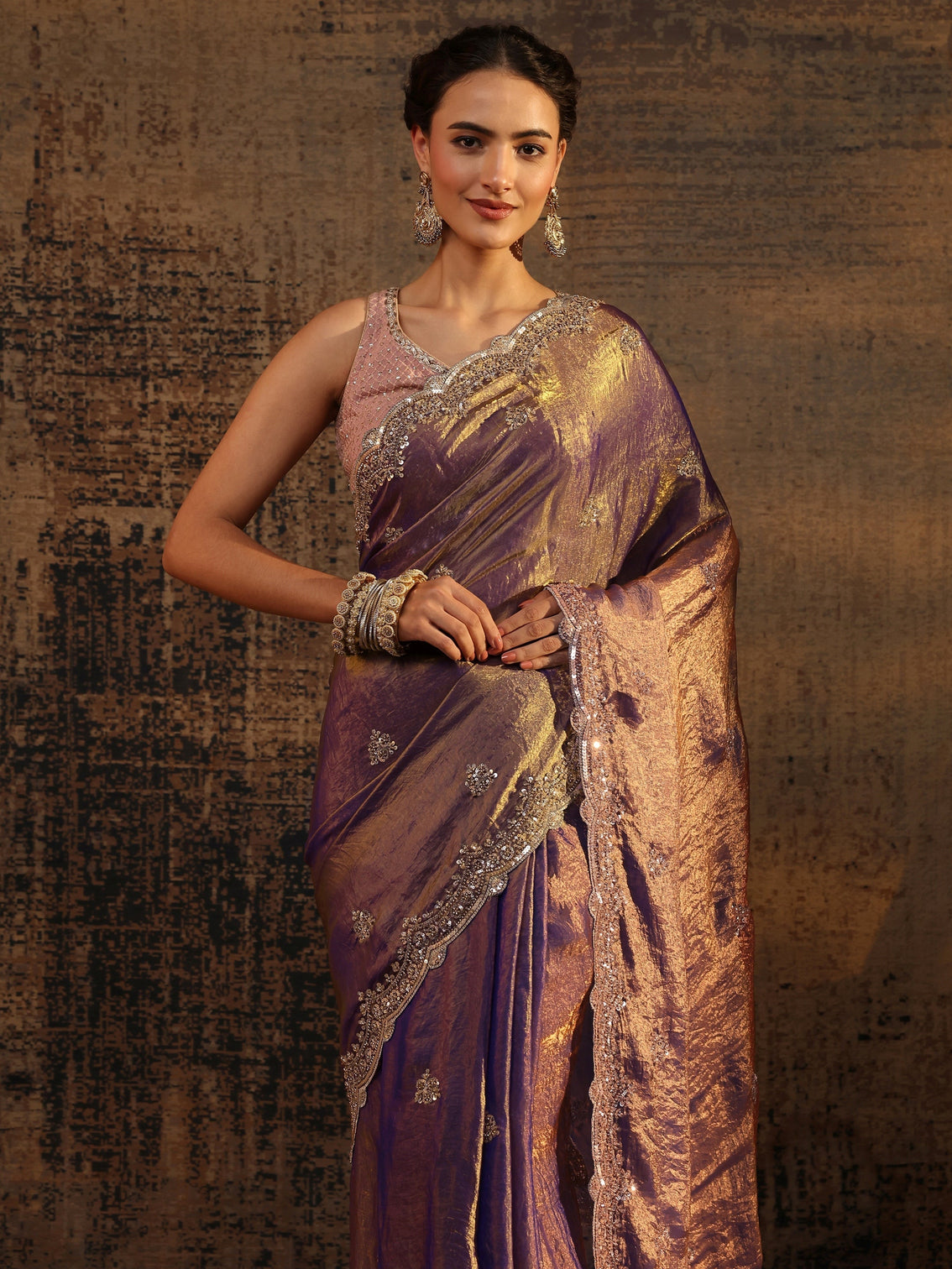 Mameraa Lavender Embellished Tissue Saree With Unstitched Blouse Piece