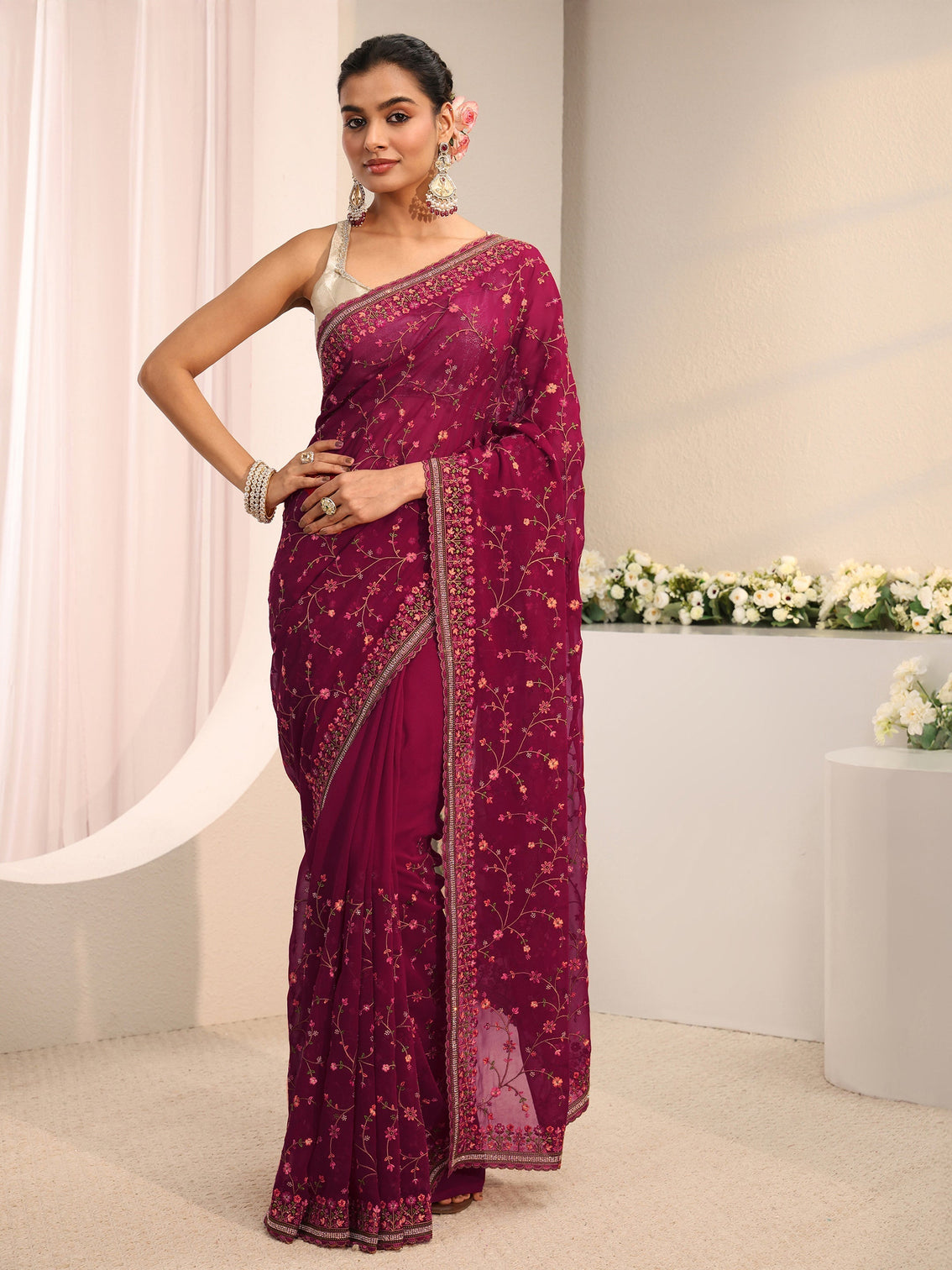 Mameraa Pink Floral Embroidered Net Saree With Unstitched Blouse Piece