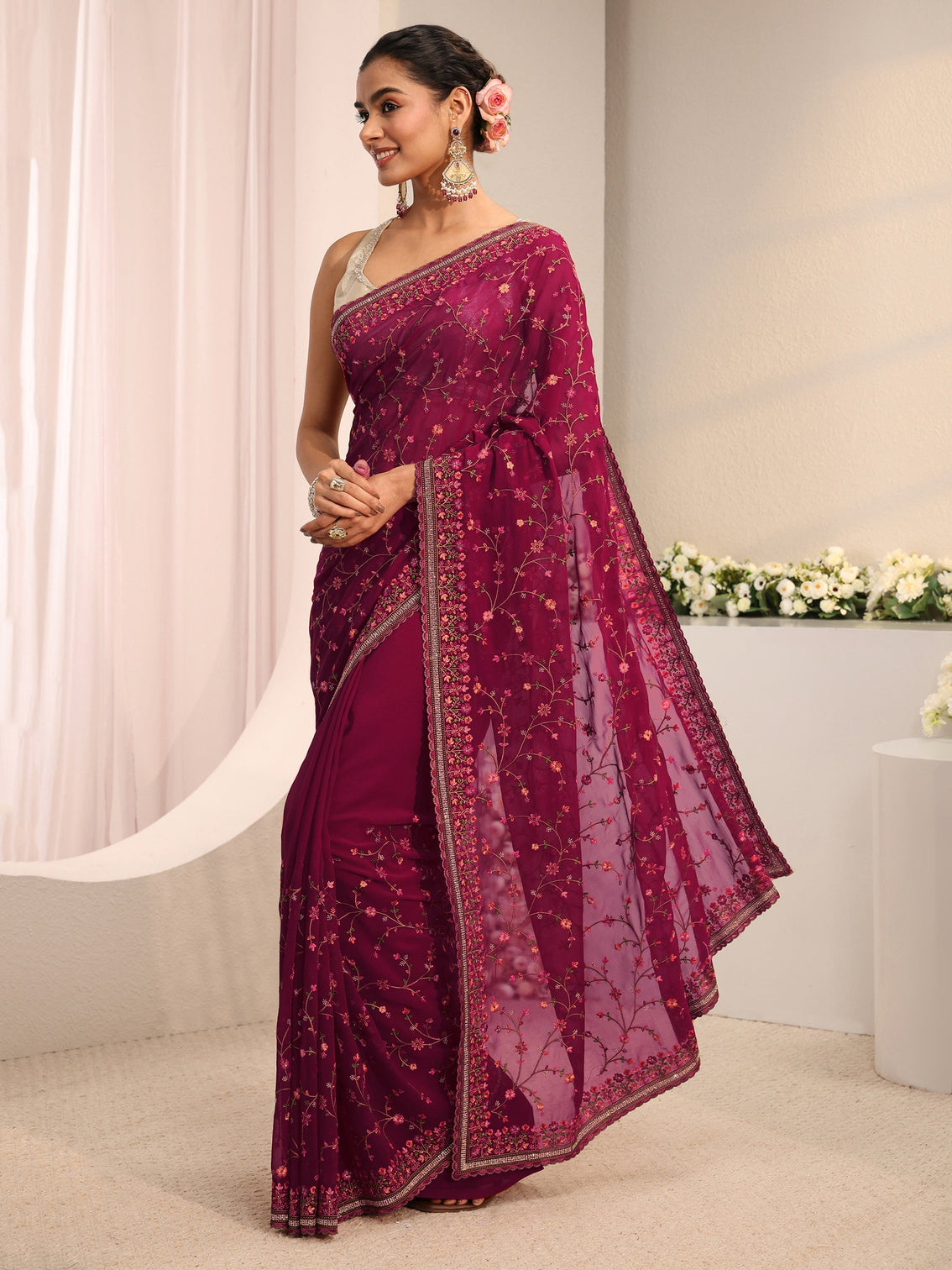 Mameraa Pink Floral Embroidered Net Saree With Unstitched Blouse Piece