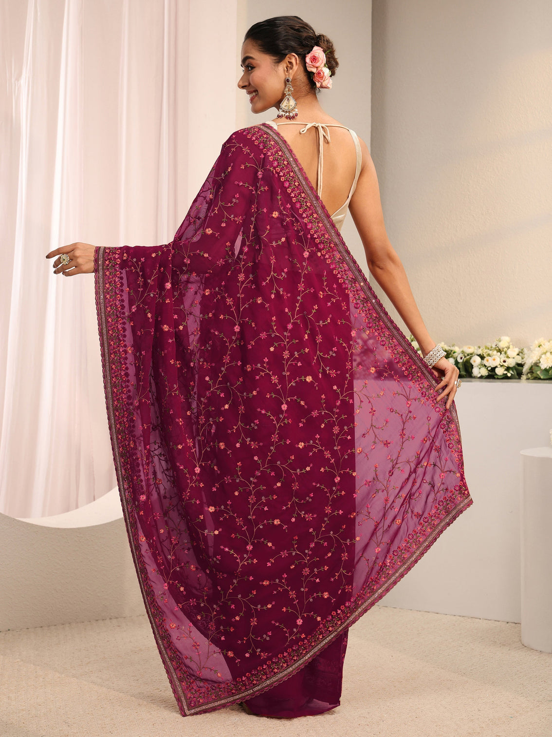 Mameraa Pink Floral Embroidered Net Saree With Unstitched Blouse Piece