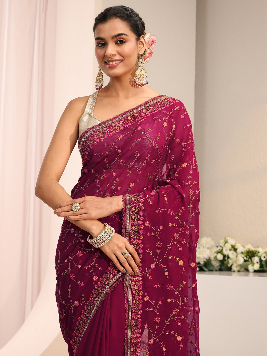 Mameraa Pink Floral Embroidered Net Saree With Unstitched Blouse Piece