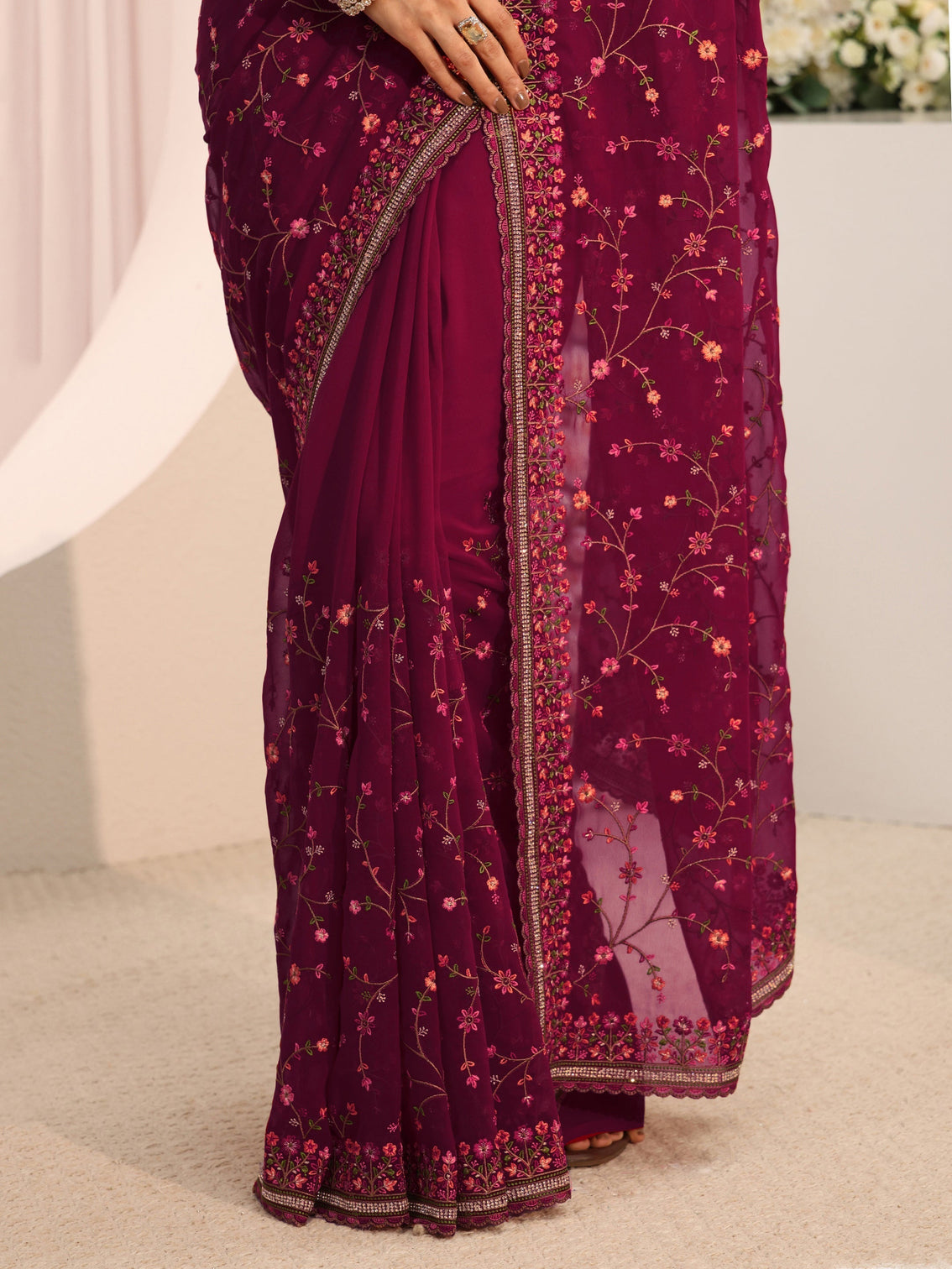 Mameraa Pink Floral Embroidered Net Saree With Unstitched Blouse Piece