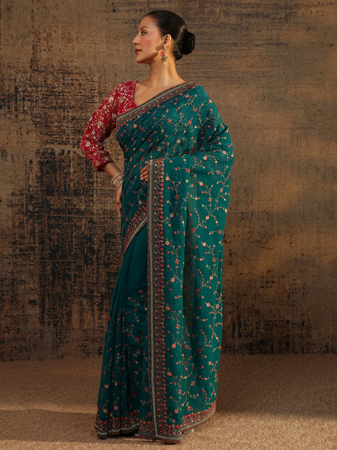 Mameraa Blue Floral Embroidered Net Saree With Unstitched Blouse Piece