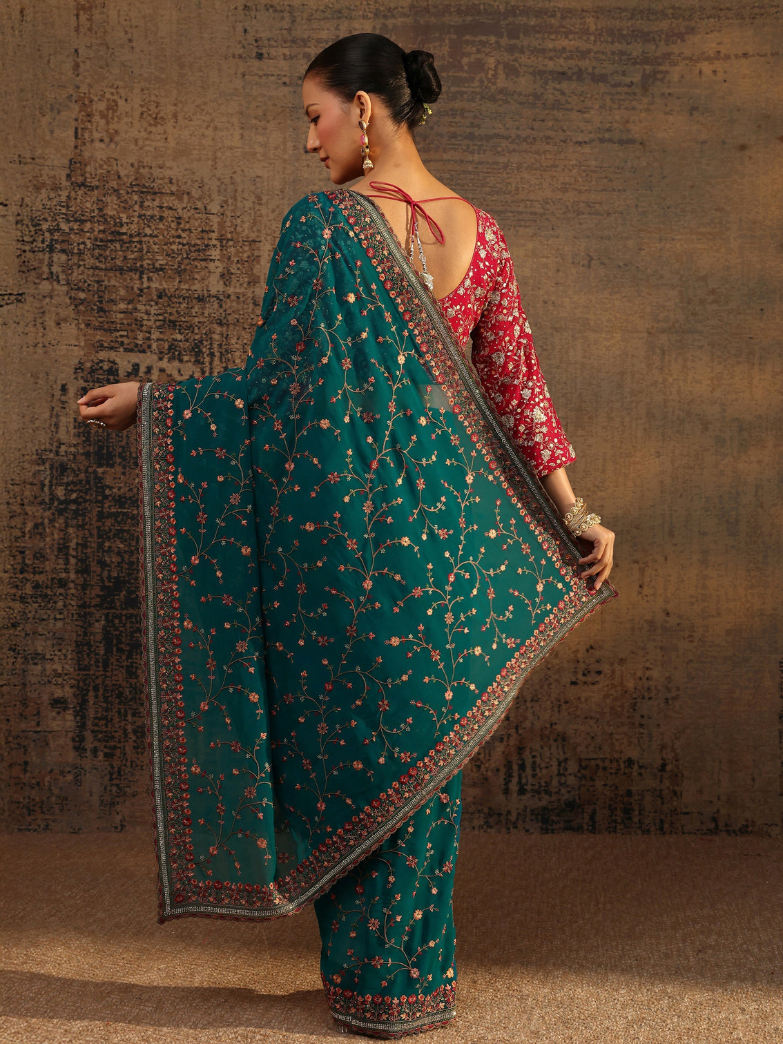 Mameraa Blue Floral Embroidered Net Saree With Unstitched Blouse Piece