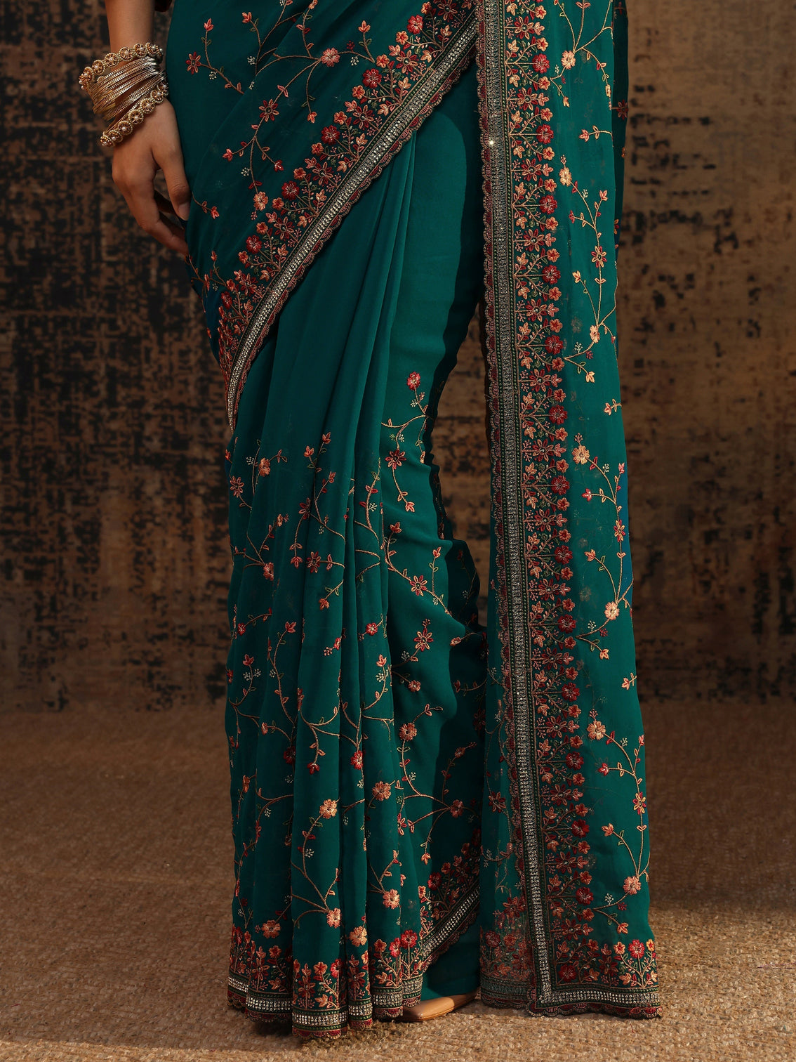 Mameraa Blue Floral Embroidered Net Saree With Unstitched Blouse Piece